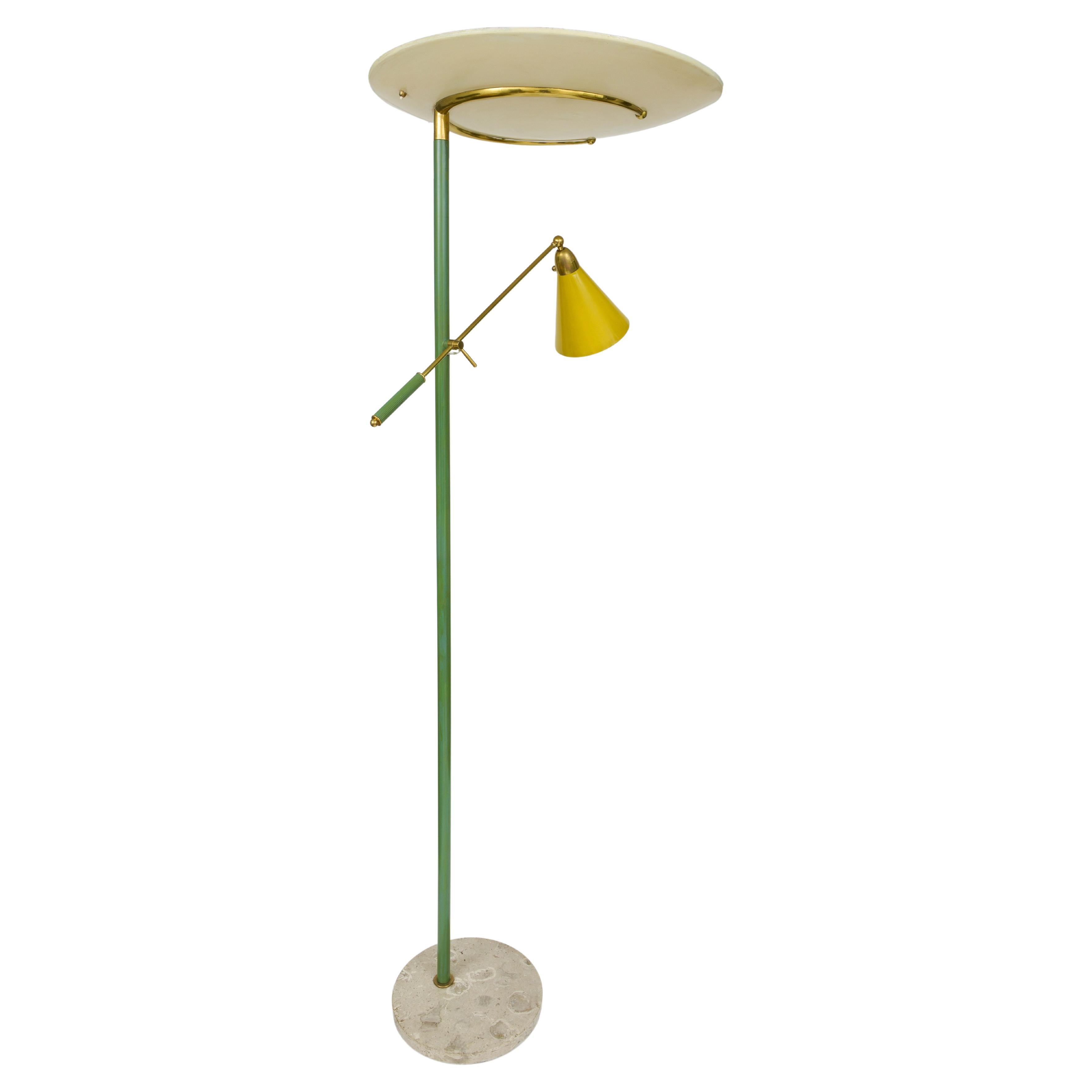 1960s Round beige marble base green enameled stem adjustable arm floor lamp