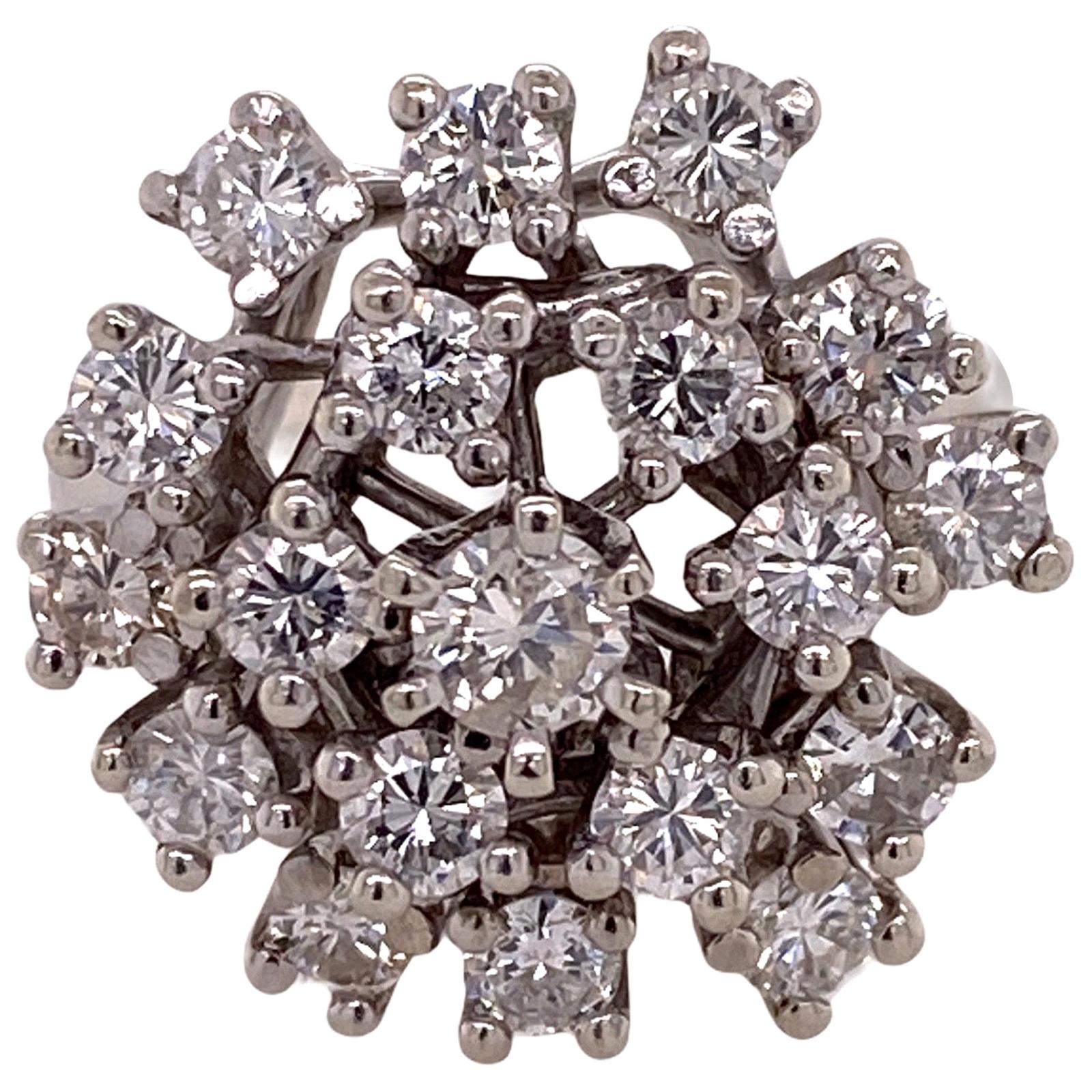 1960s Round Brilliant Diamond Snowflake Vintage Ring 14 Karat White Gold