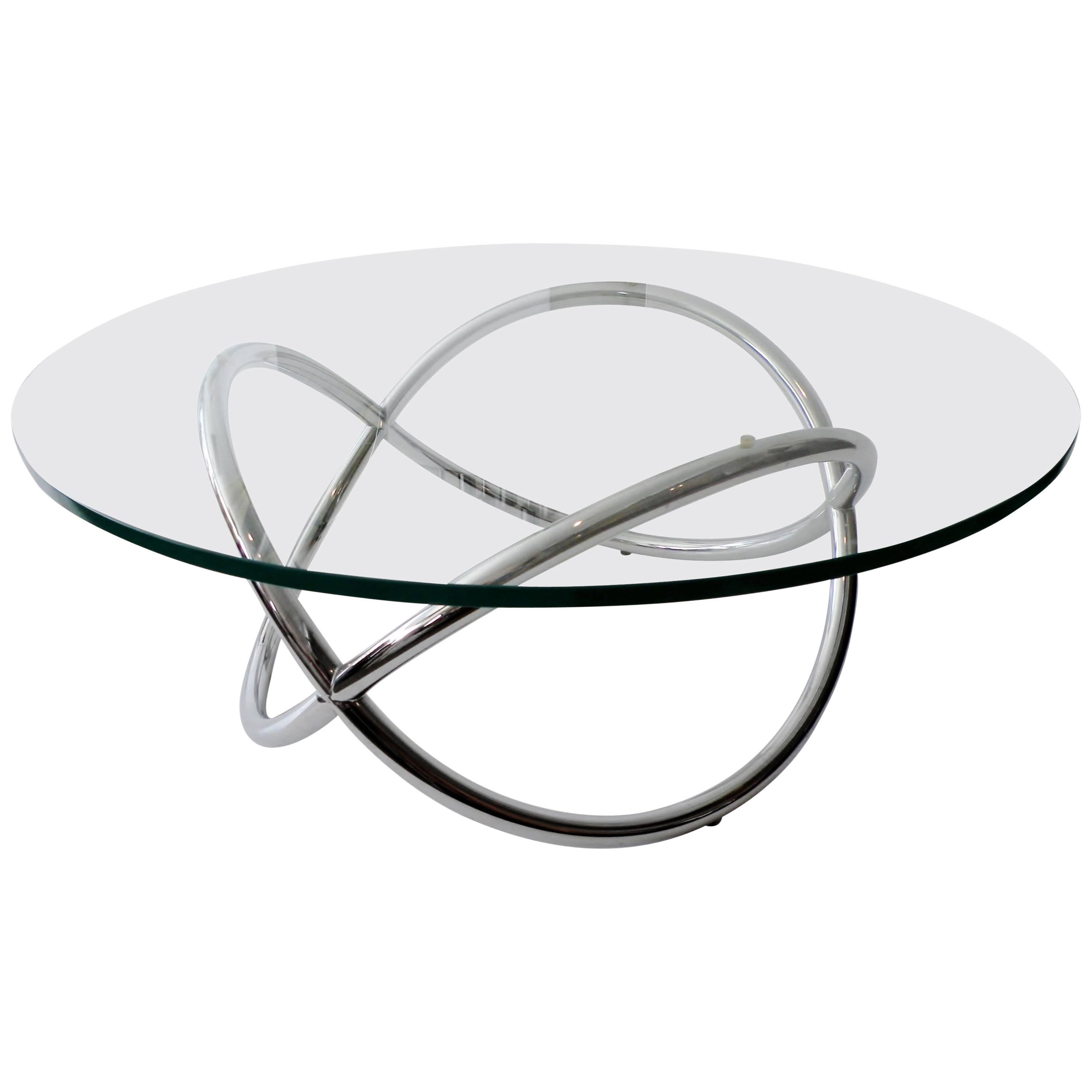 1960s Round Chrome and Glass Knotted Pretzel Twist Cocktail Table For Sale