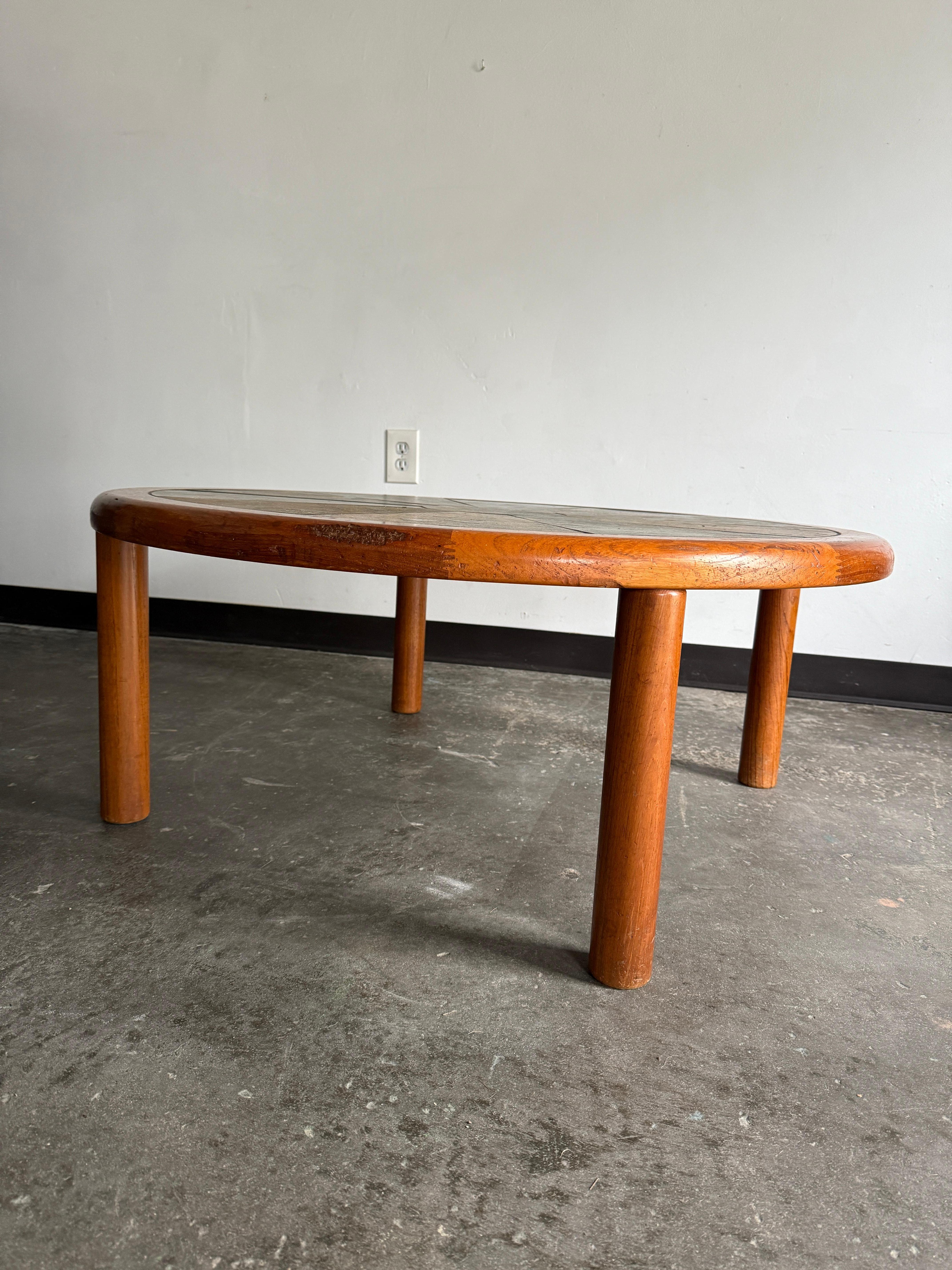 Mid-Century Modern 1960s Round Danish Haslev Ceramic, Slate Tile and Teak Coffee Table For Sale