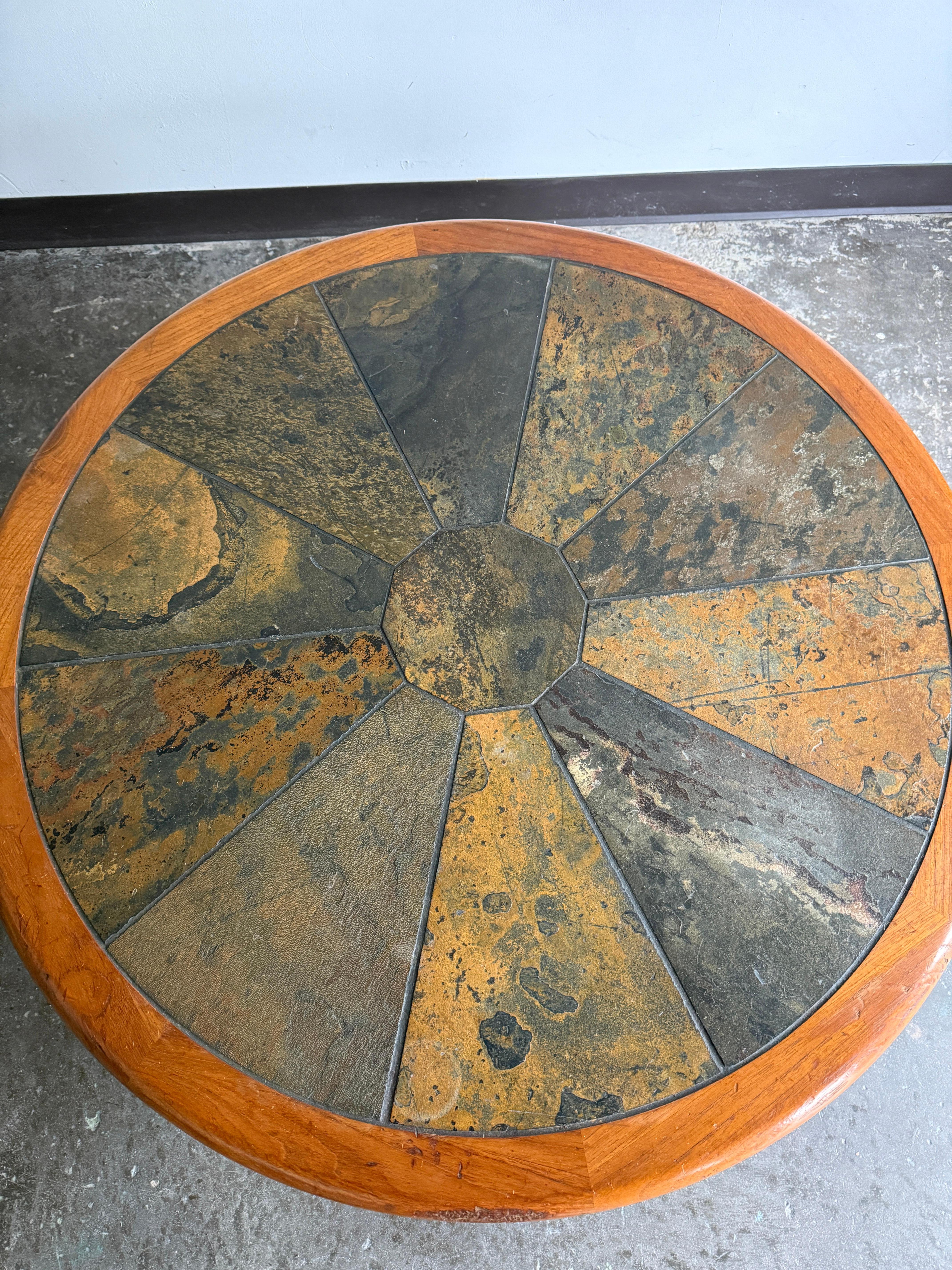 1960s Round Danish Haslev Ceramic, Slate Tile and Teak Coffee Table In Good Condition For Sale In Nashville, TN