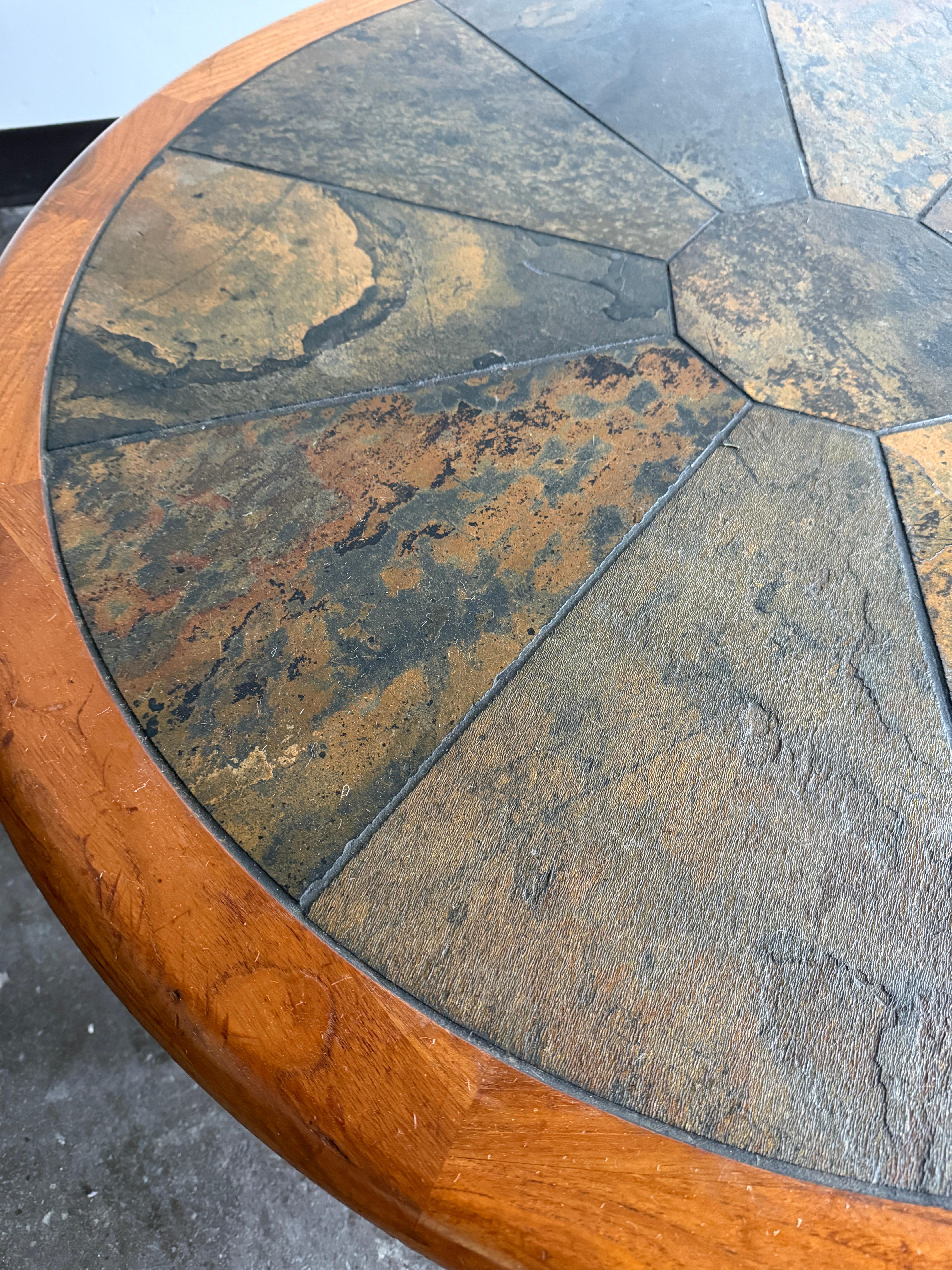 20th Century 1960s Round Danish Haslev Ceramic, Slate Tile and Teak Coffee Table For Sale