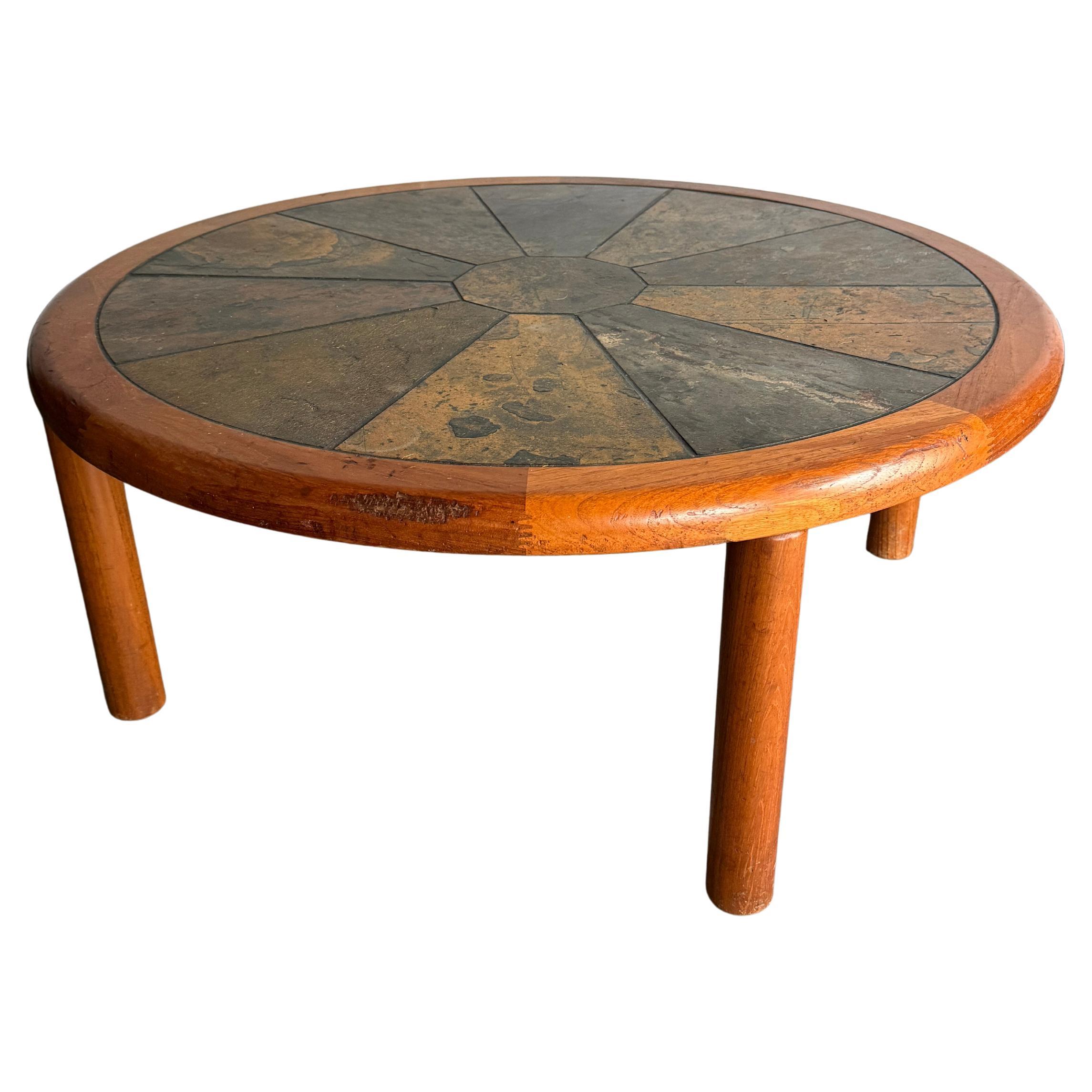 1960s Round Danish Haslev Ceramic, Slate Tile and Teak Coffee Table