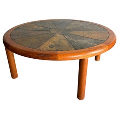 1960s Round Danish Haslev Ceramic, Slate Tile and Teak Coffee Table