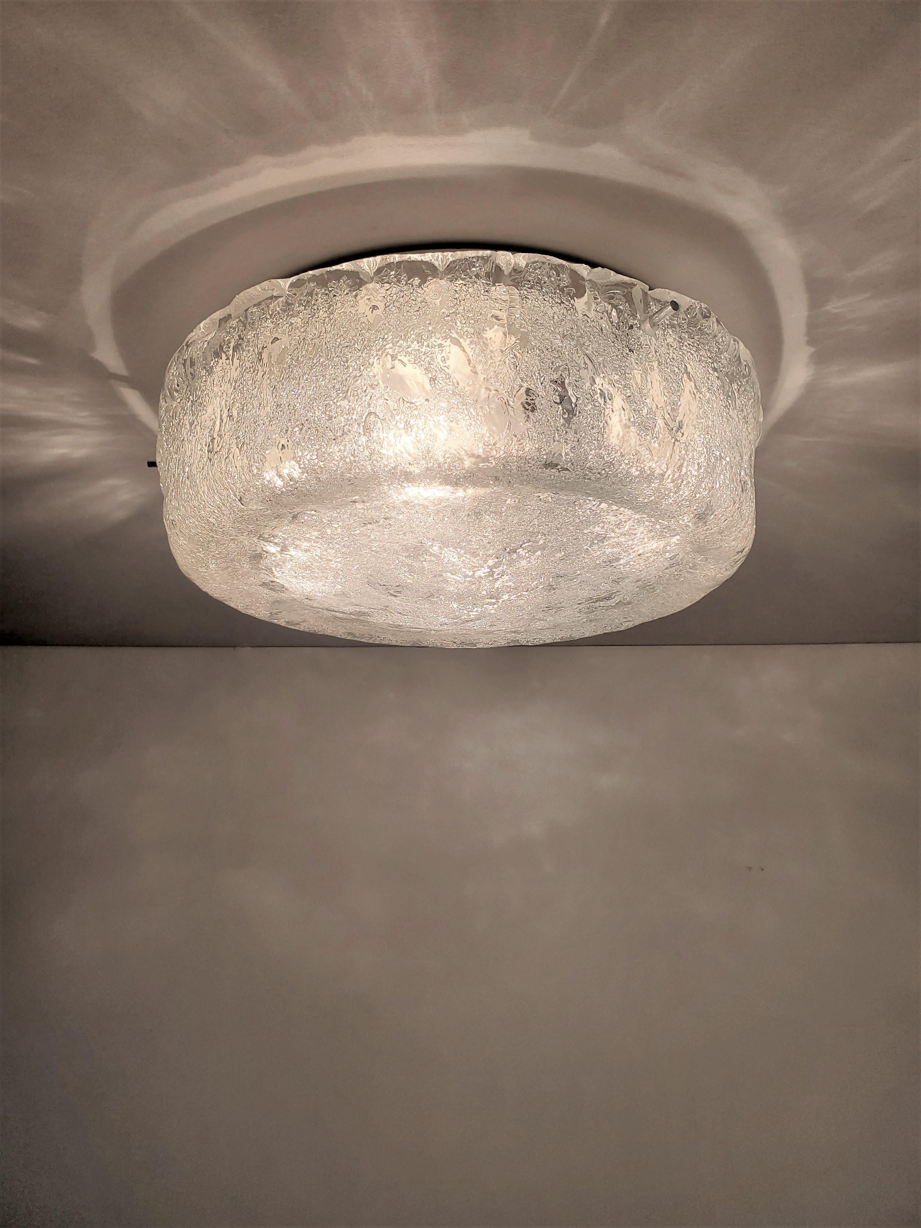 Blown Glass 1960's round drum shape hand blown glass flush mount / ceiling light  For Sale