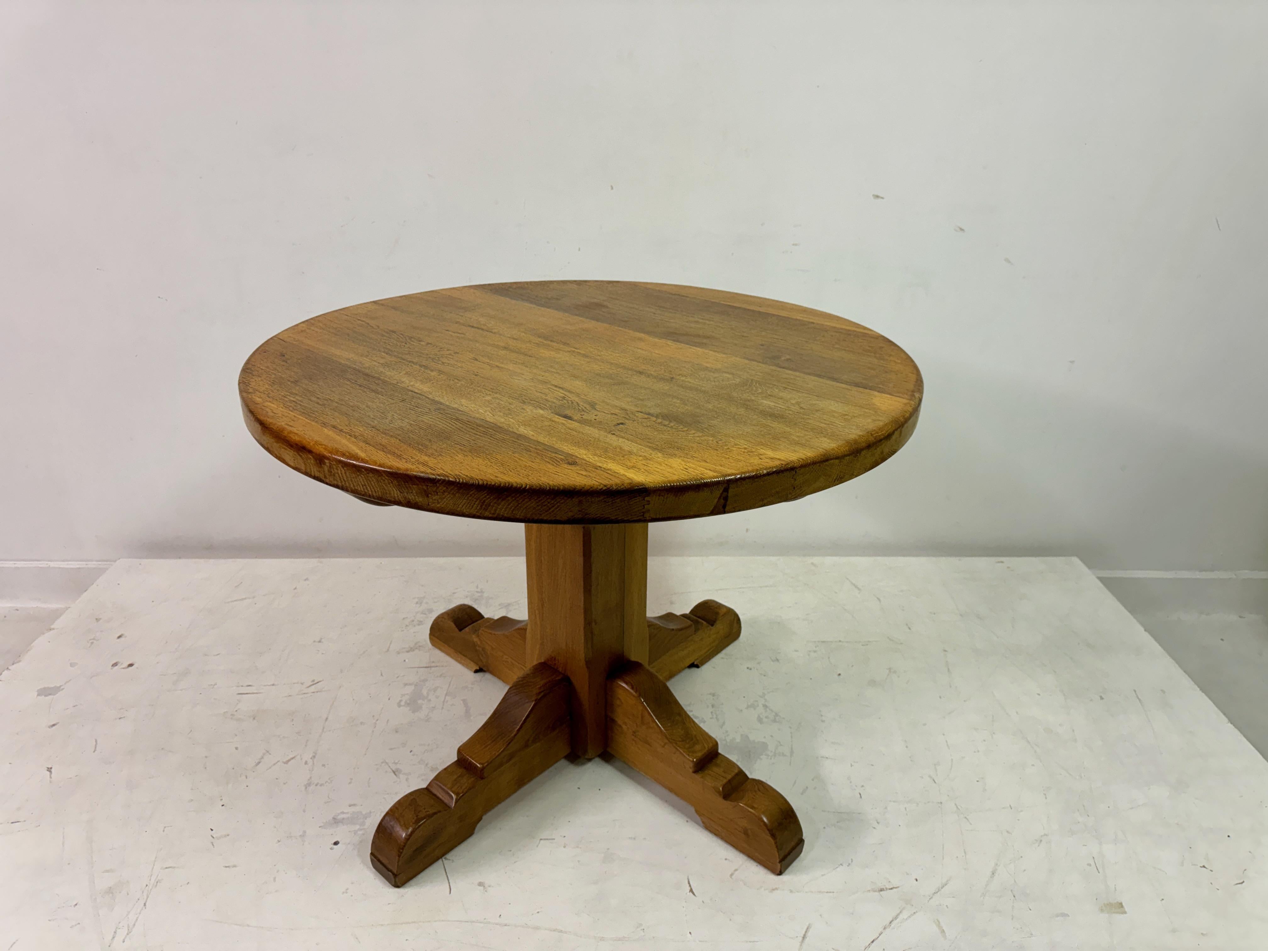 Rustic 1960s Round Oak Dining or Centre Table by De Puydt