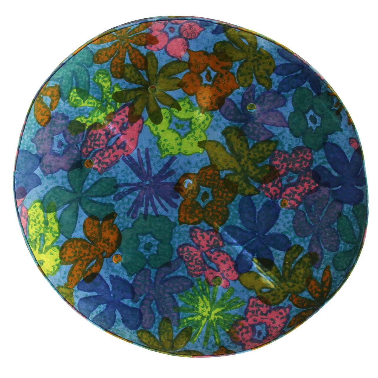 1960s Round Pouf on Casters in Original Floral Fabric by Jack Lenor Larsen