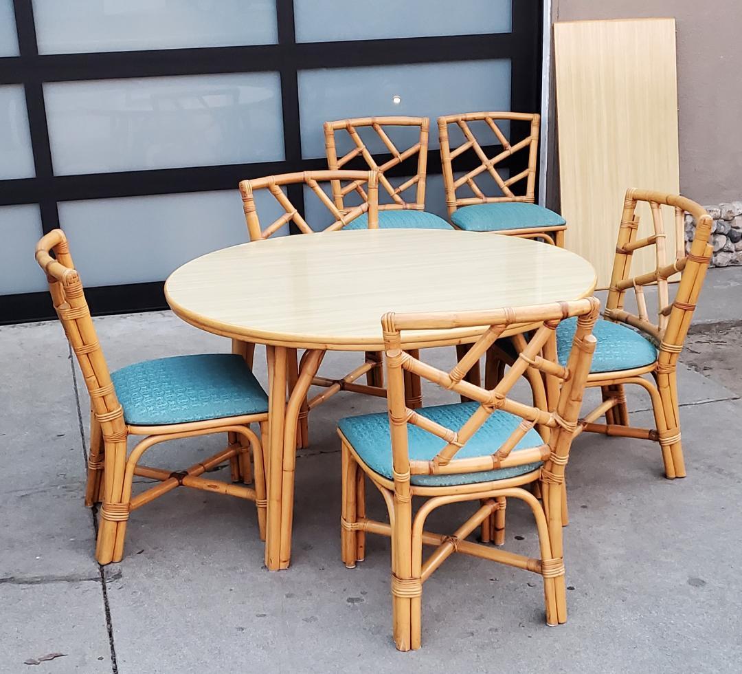 1960s Round Rattan Dining Table With 6 Rattan Dining Chairs And 1 Wide Leaf For Sale 3