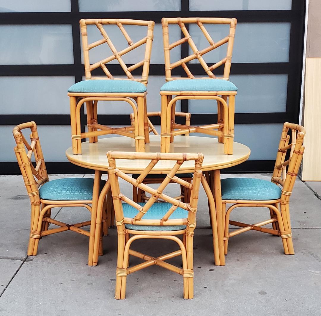 1960s Round Rattan Dining Table With 6 Rattan Dining Chairs And 1 Wide Leaf For Sale 6
