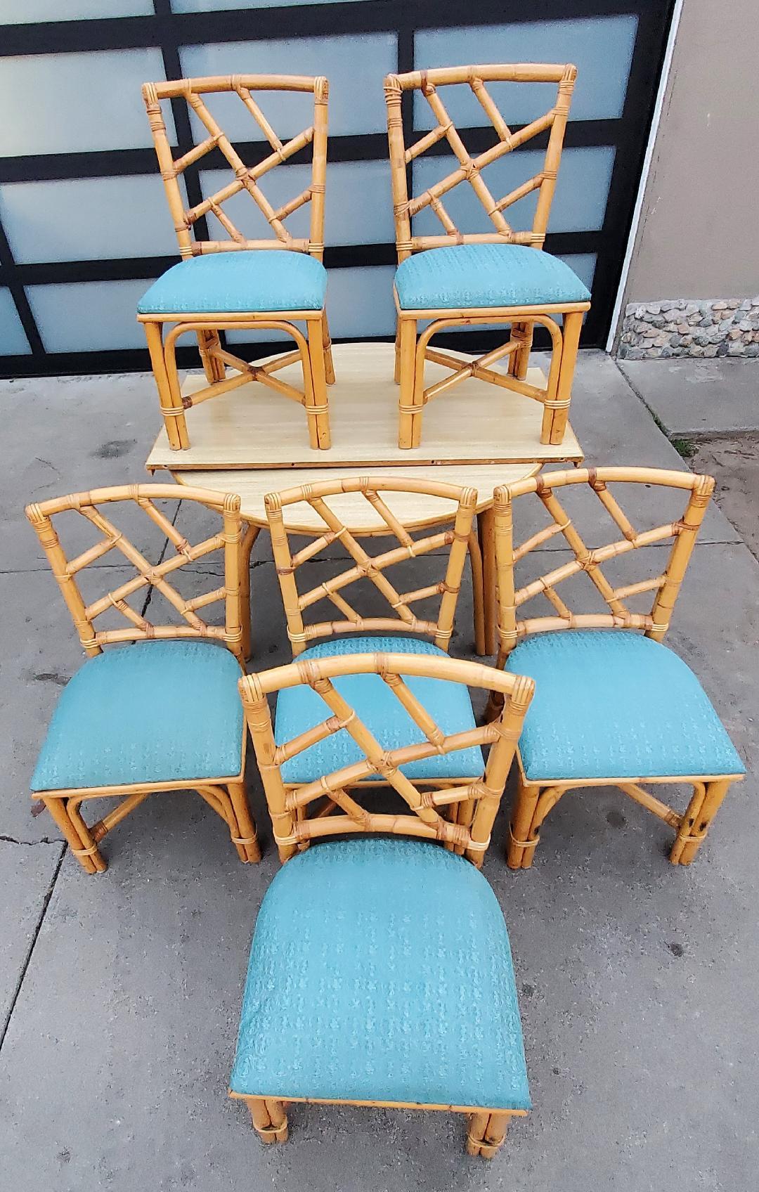 1960s Round Rattan Dining Table With 6 Rattan Dining Chairs And 1 Wide Leaf For Sale 7