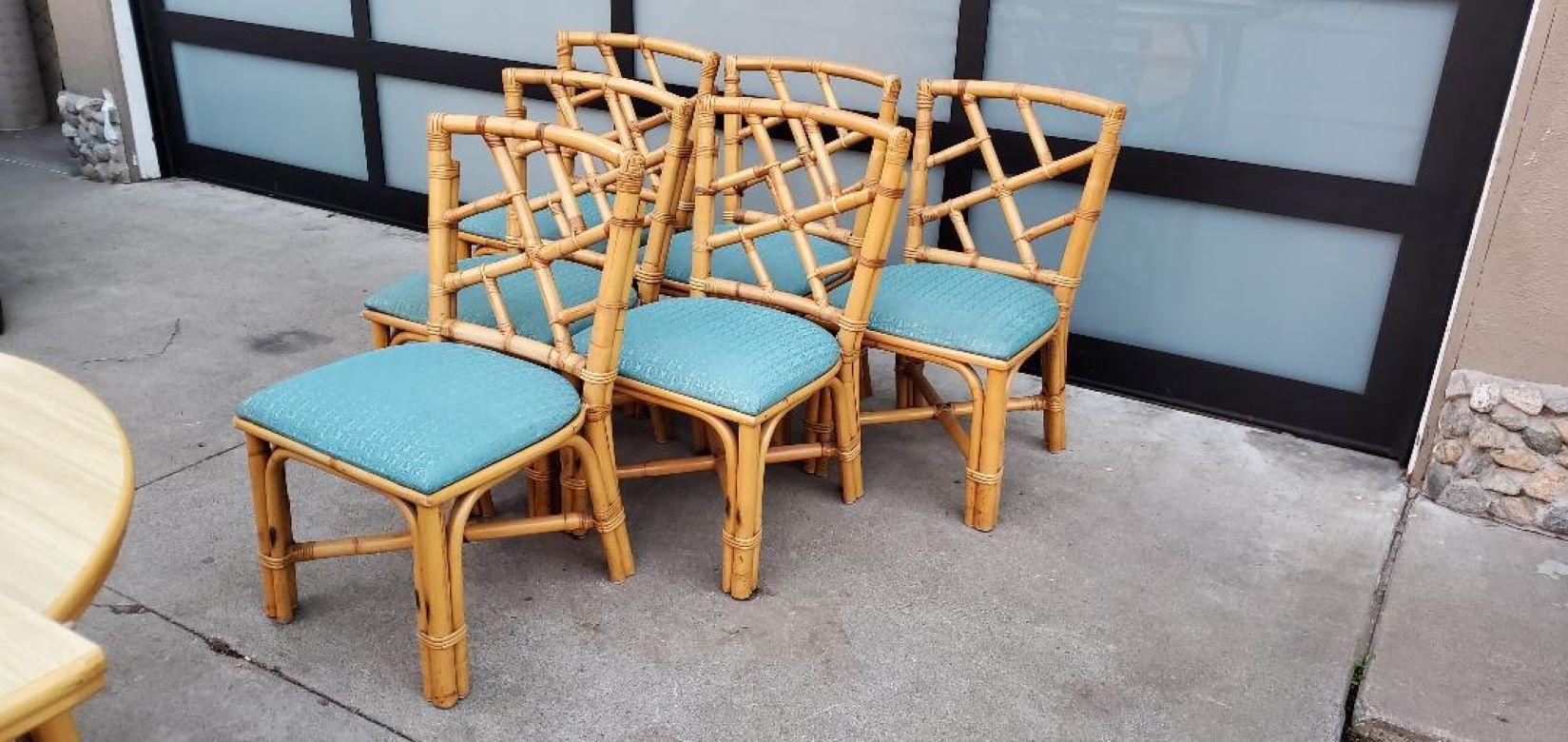 1960s Round Rattan Dining Table With 6 Rattan Dining Chairs And 1 Wide Leaf For Sale 8