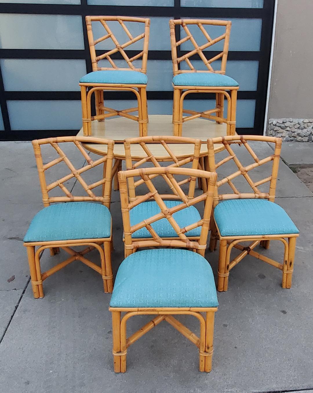 1960s Round Rattan Dining Table With 6 Rattan Dining Chairs And 1 Wide Leaf For Sale 10