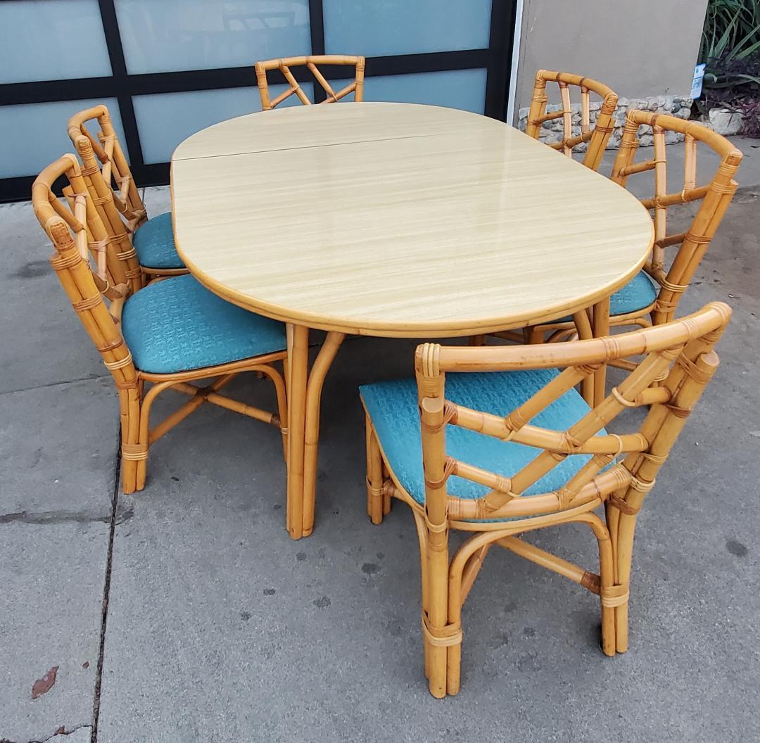 American 1960s Round Rattan Dining Table With 6 Rattan Dining Chairs And 1 Wide Leaf For Sale