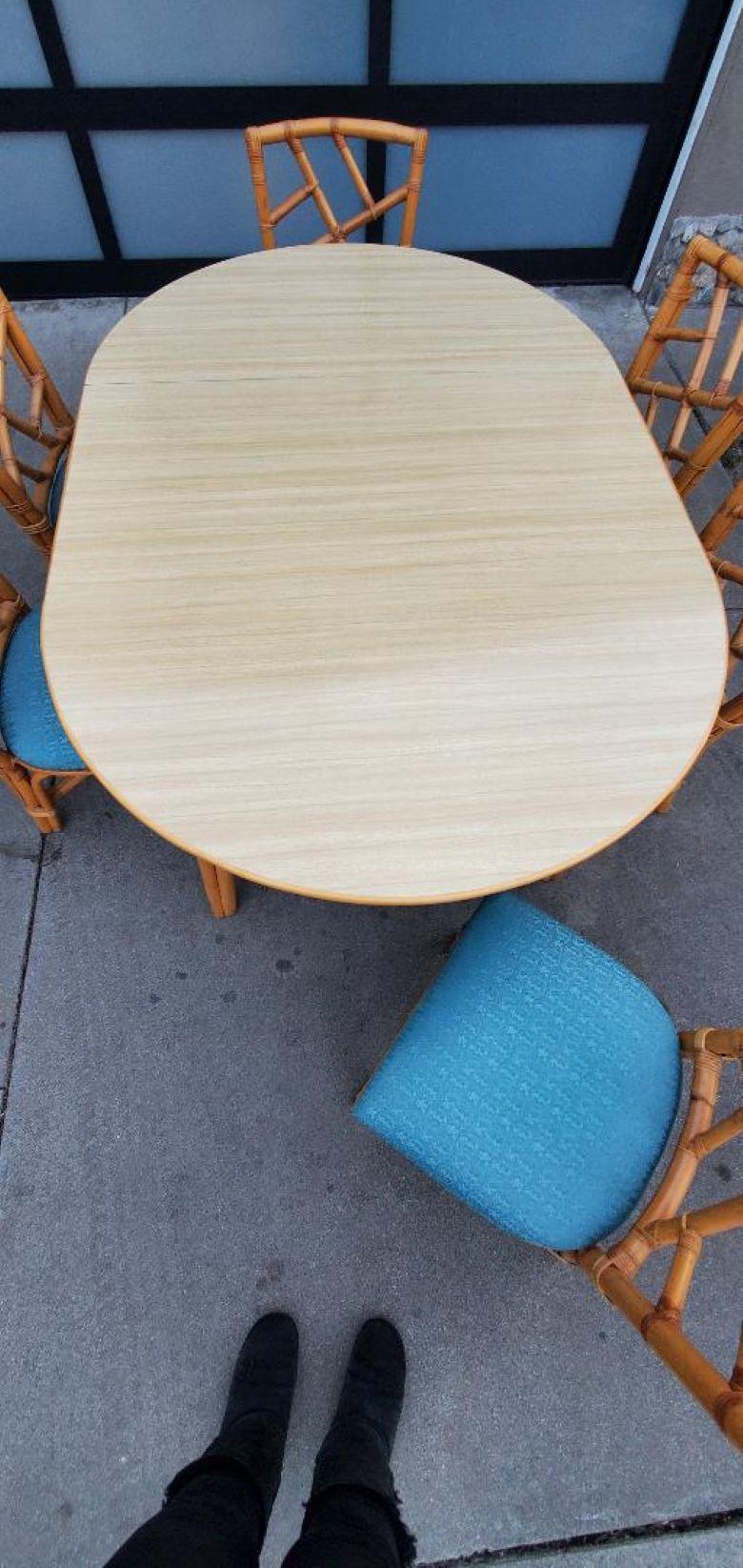 Upholstery 1960s Round Rattan Dining Table With 6 Rattan Dining Chairs And 1 Wide Leaf For Sale
