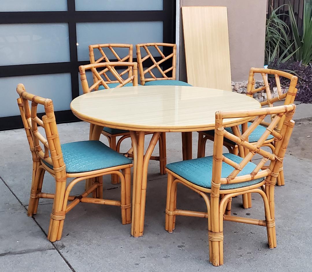 1960s Round Rattan Dining Table With 6 Rattan Dining Chairs And 1 Wide Leaf For Sale 1