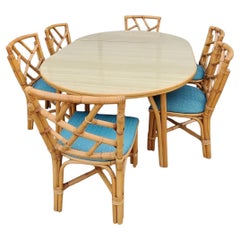 Retro 1960s Round Rattan Dining Table With 6 Rattan Dining Chairs And 1 Wide Leaf