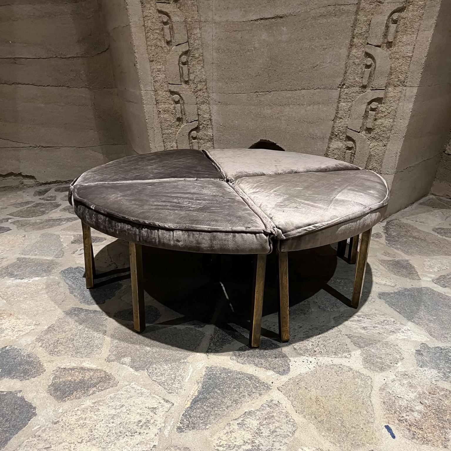 1960s round gray bench four triangular sections
Velvet on square bronze Lucite legs
unmarked, style of Edward Wormley Dunbar USA
15.5 height x 34 in diameter.
Fresh new upholstery- ready to go!
Preowned original vintage condition with patina
Lucite