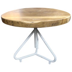 1960s Round Table in Oak, Italian, with Iron Base and Height Adjustment Screw