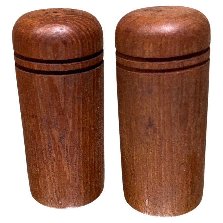 1960s Round Teak Salt Pepper Shaker Set Scandinavian Modern For Sale