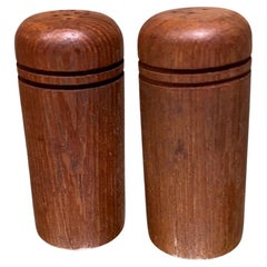 Vintage 1960s Round Teak Salt Pepper Shaker Set Scandinavian Modern