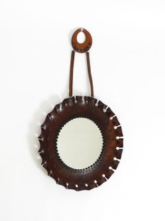 1960s Round Wall Mirror with Leather Frame and Strap