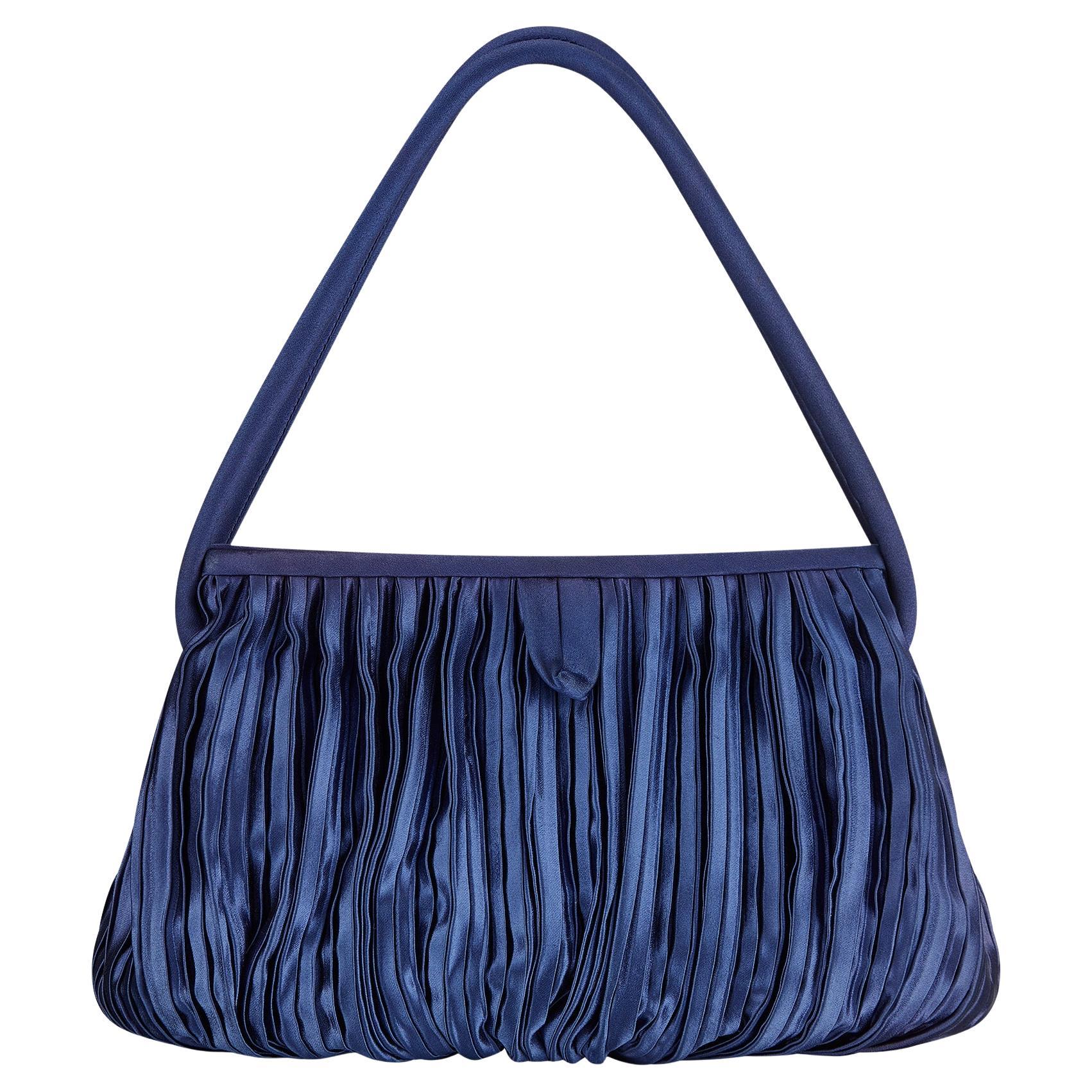 1960s Royal Blue Silk Satin Pleated Handbag
