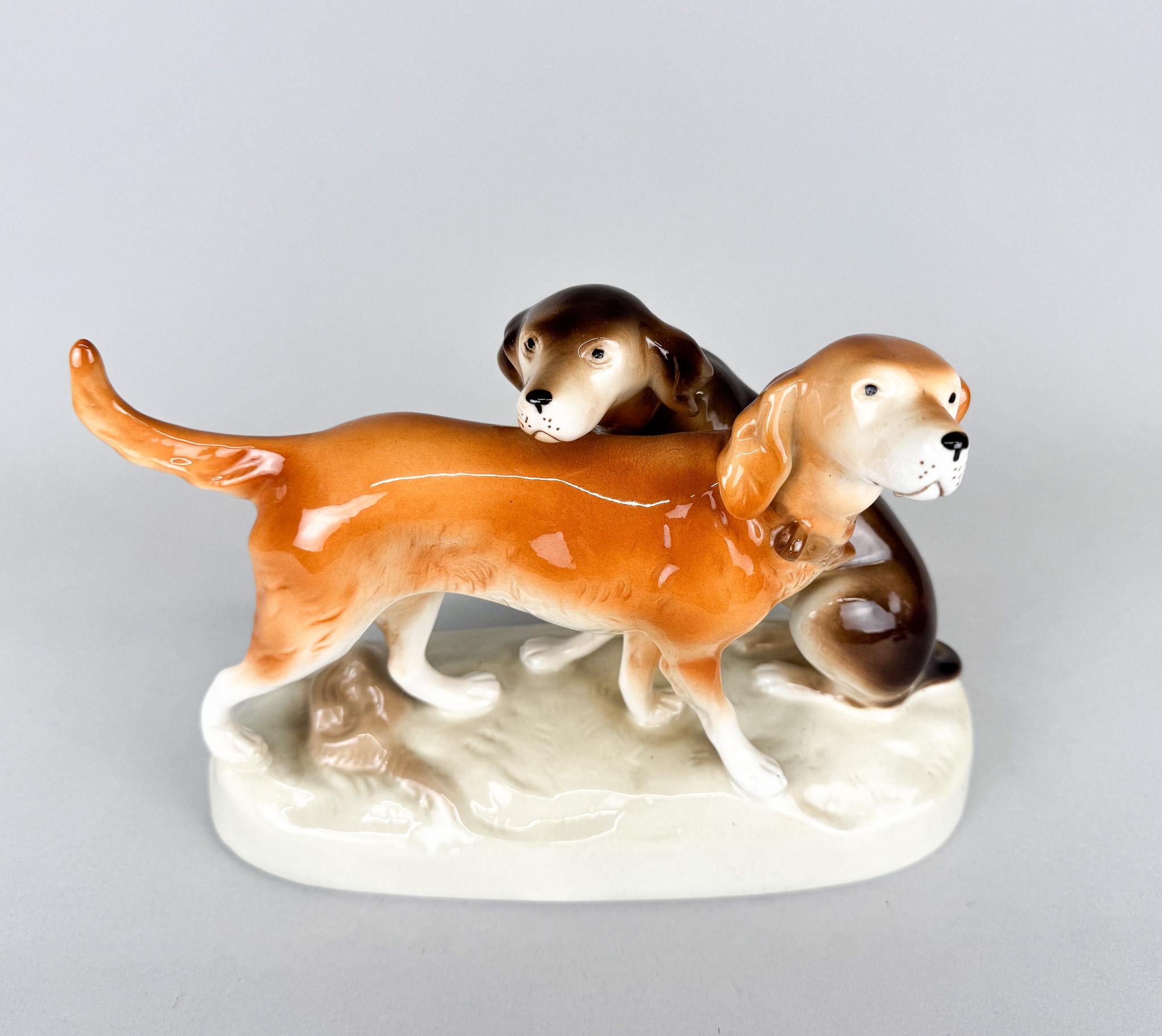 Vintage porcelain statue of two hunting dogs by Royal Dux. Produced in former Czechoslovakia in the 1960's.