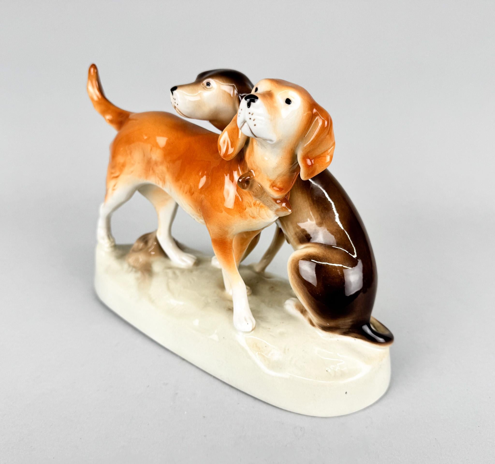 Mid-Century Modern 1960's Royal Dux Porcelain Statue of Hunting Dogs For Sale