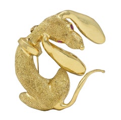 1960's Ruby 14 Karat Yellow Gold Vintage Dachshund Dog Brooch