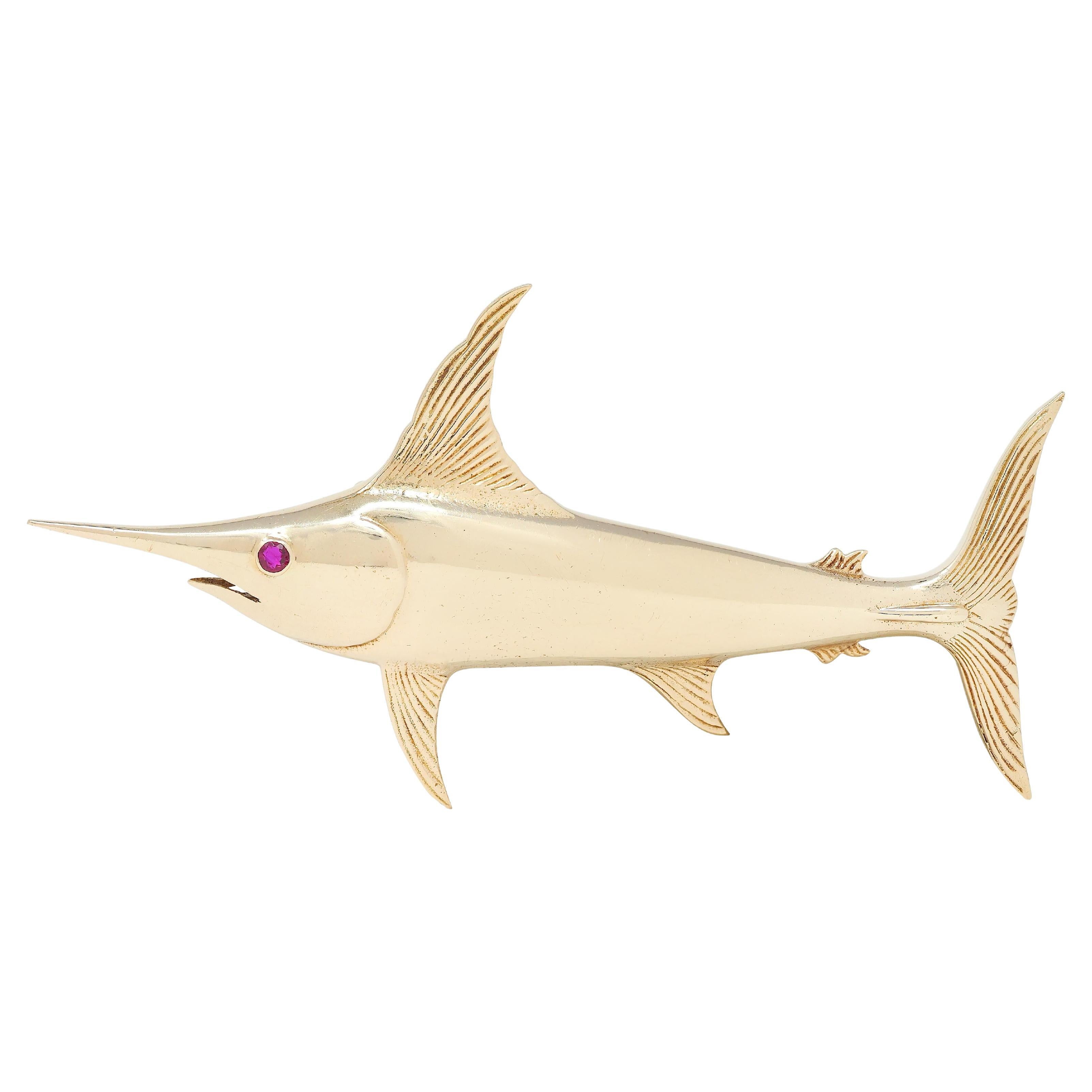 1960
s Ruby 14 Karat Yellow Gold Vintage Sword Fish Brooch