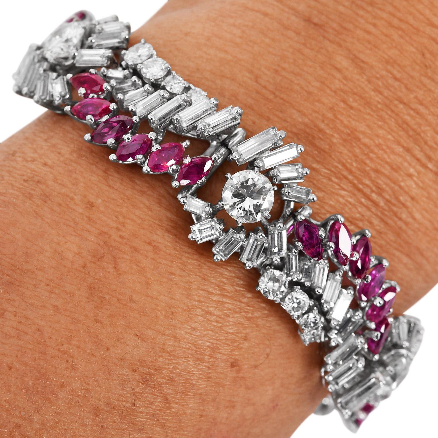 1960 Ruby 27.70cts Diamond Platinum Floral Wrap Bracelet en vente 5