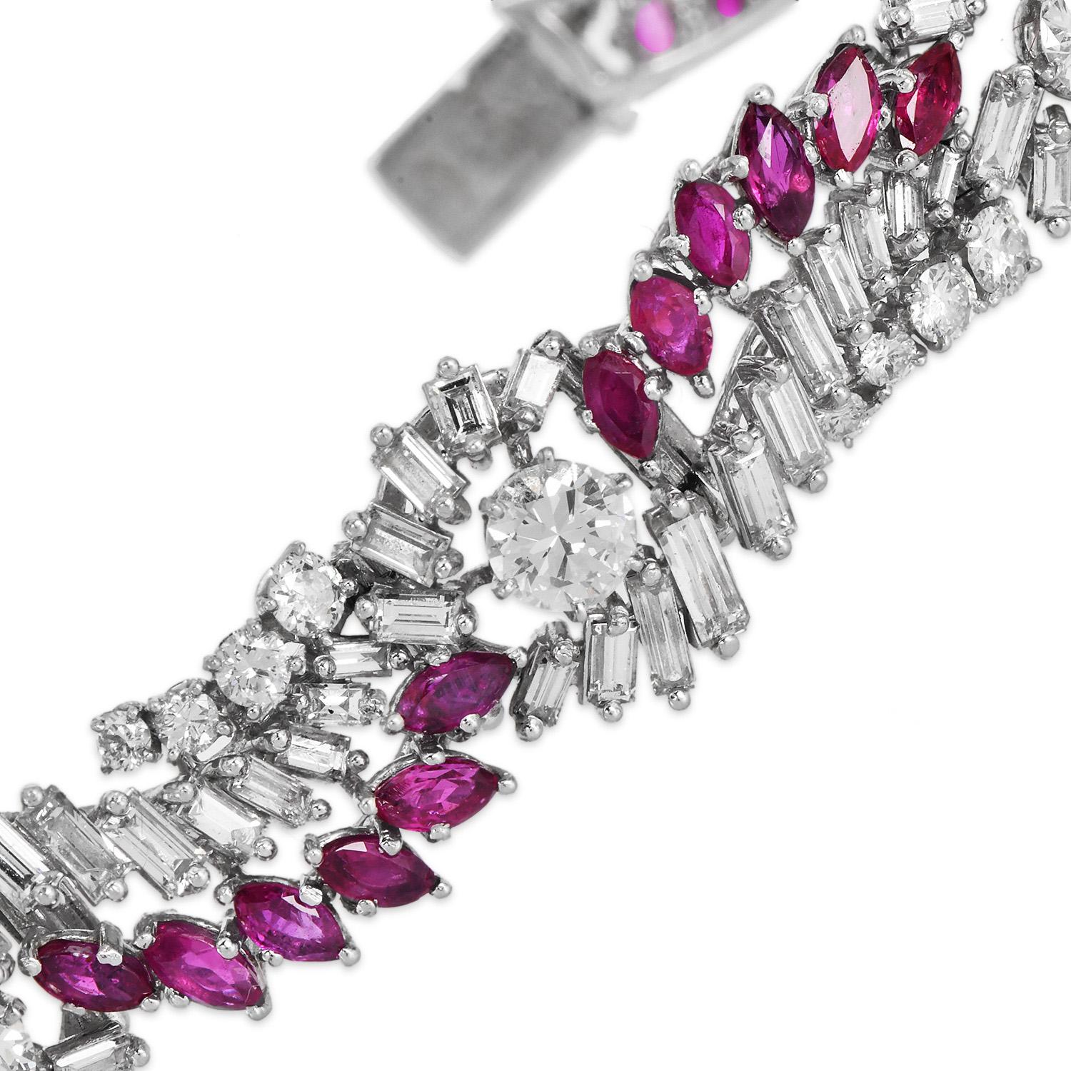 1960 Ruby 27.70cts Diamond Platinum Floral Wrap Bracelet en vente 1