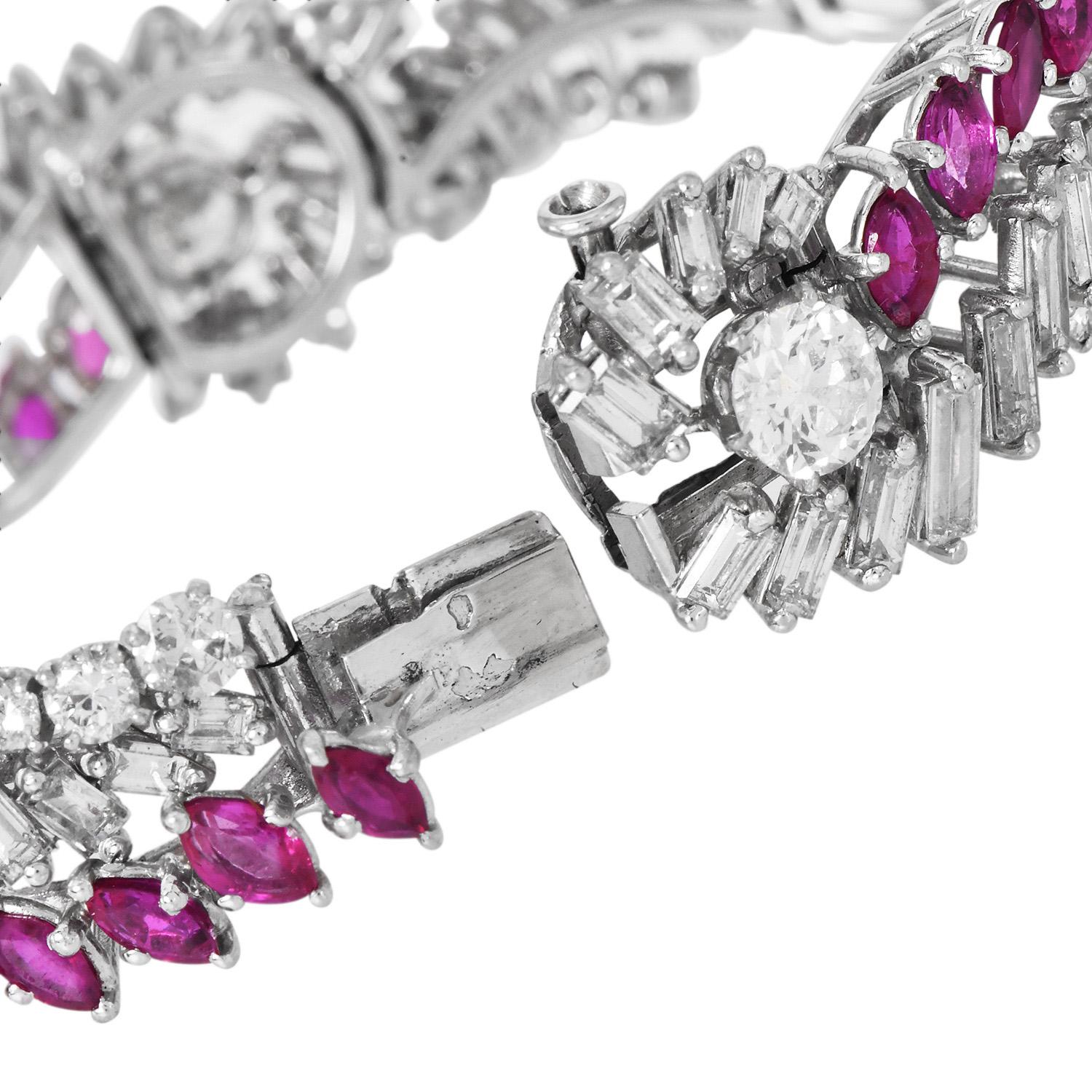 1960 Ruby 27.70cts Diamond Platinum Floral Wrap Bracelet en vente 3