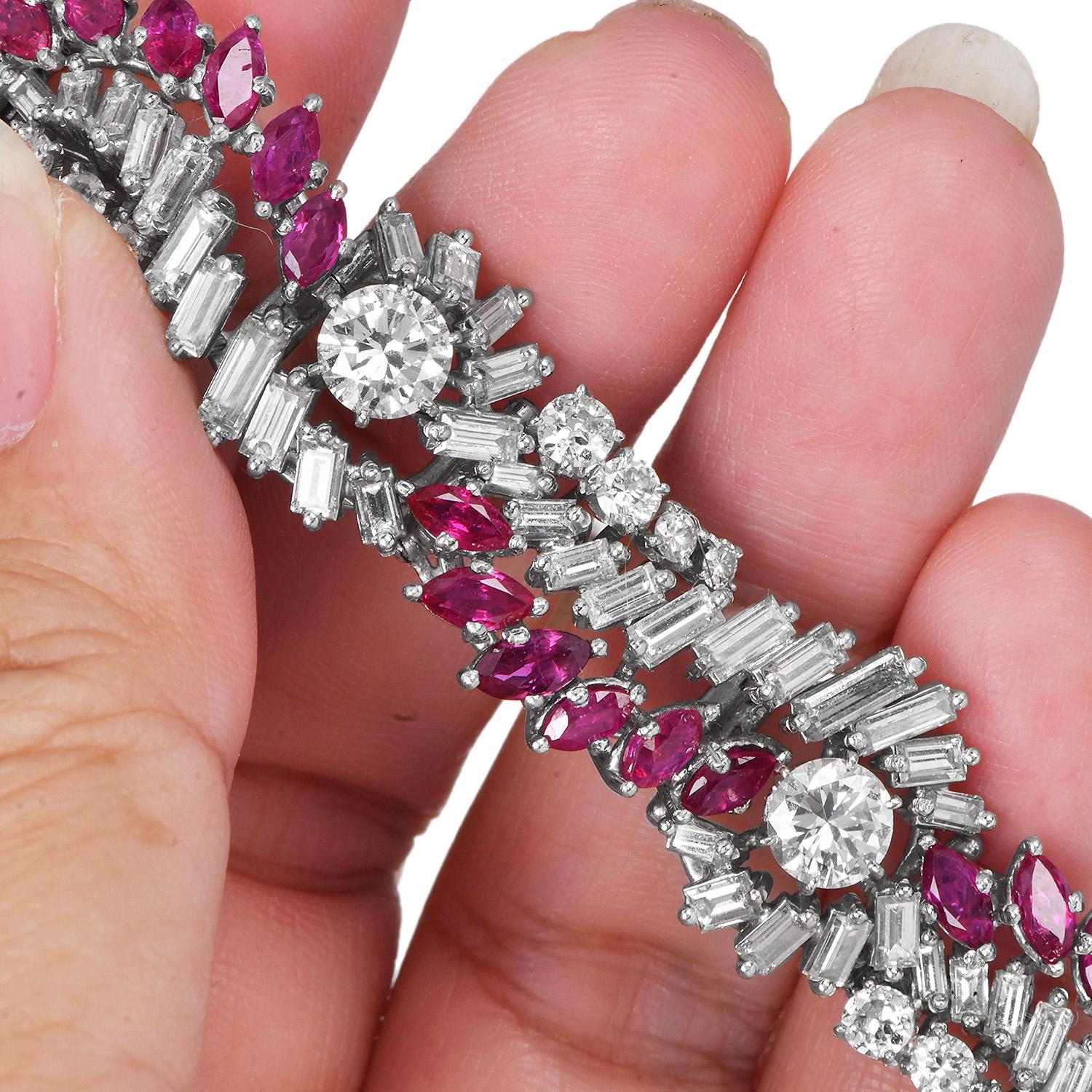 1960 Ruby 27.70cts Diamond Platinum Floral Wrap Bracelet en vente 4