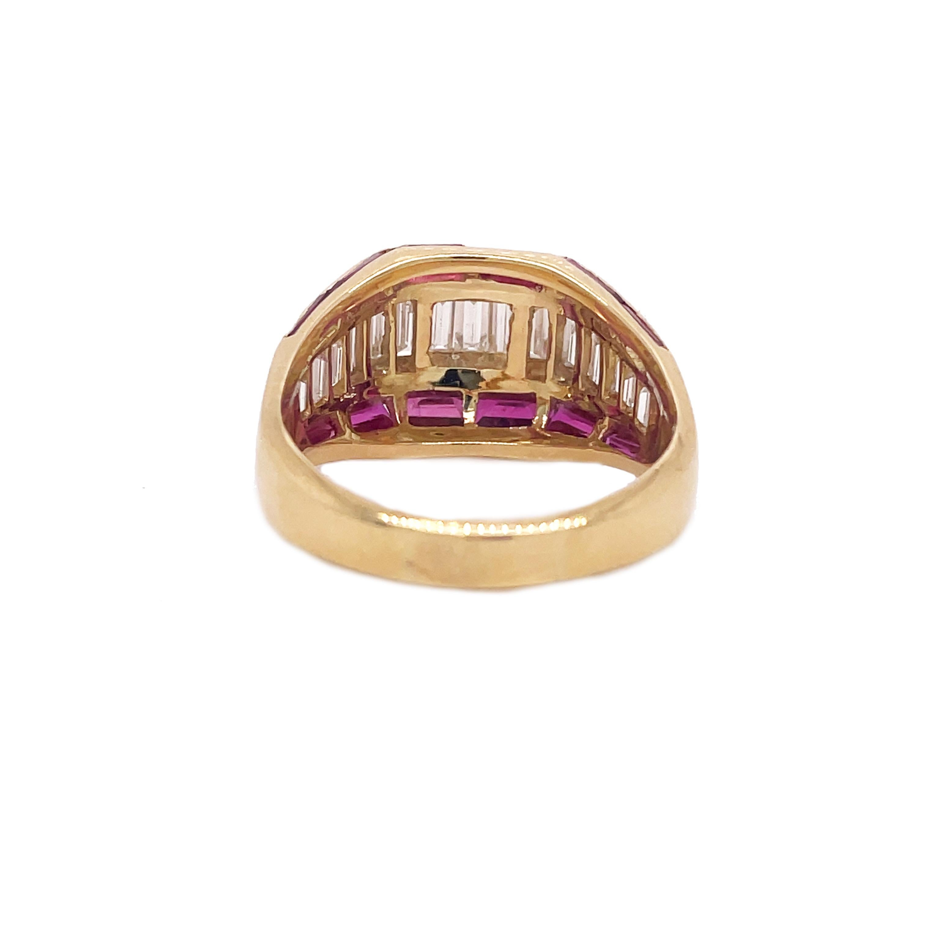 1960s Ruby and Diamond Baguette Yellow Gold Ring For Sale 4