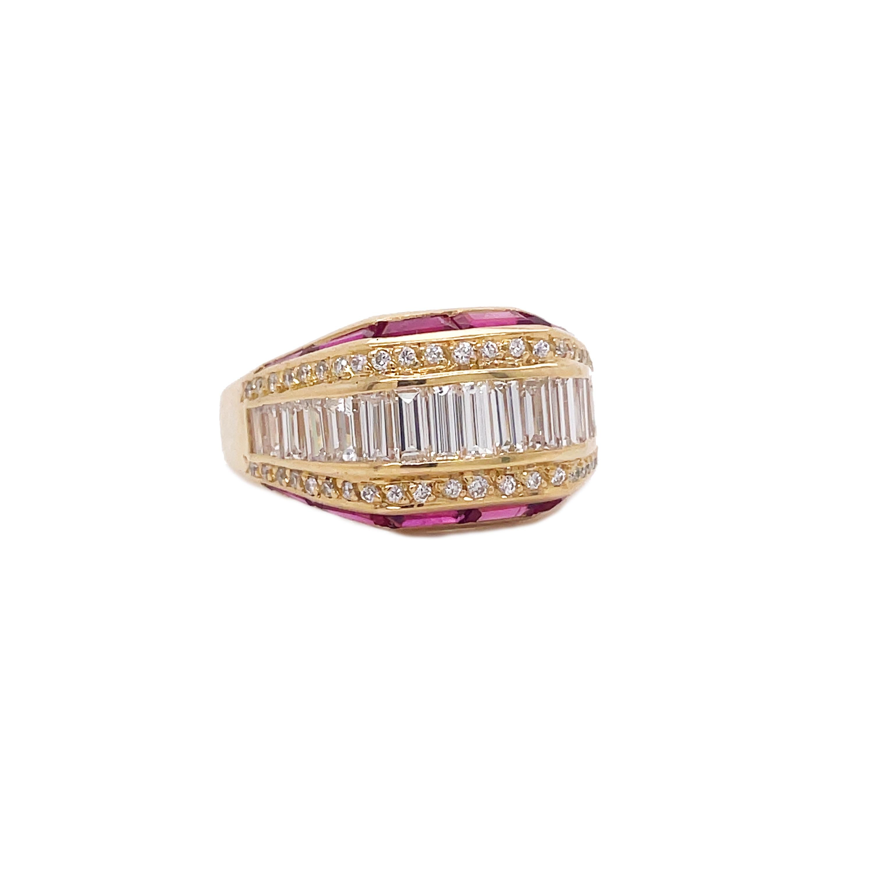 Baguette Cut 1960s Ruby and Diamond Baguette Yellow Gold Ring For Sale