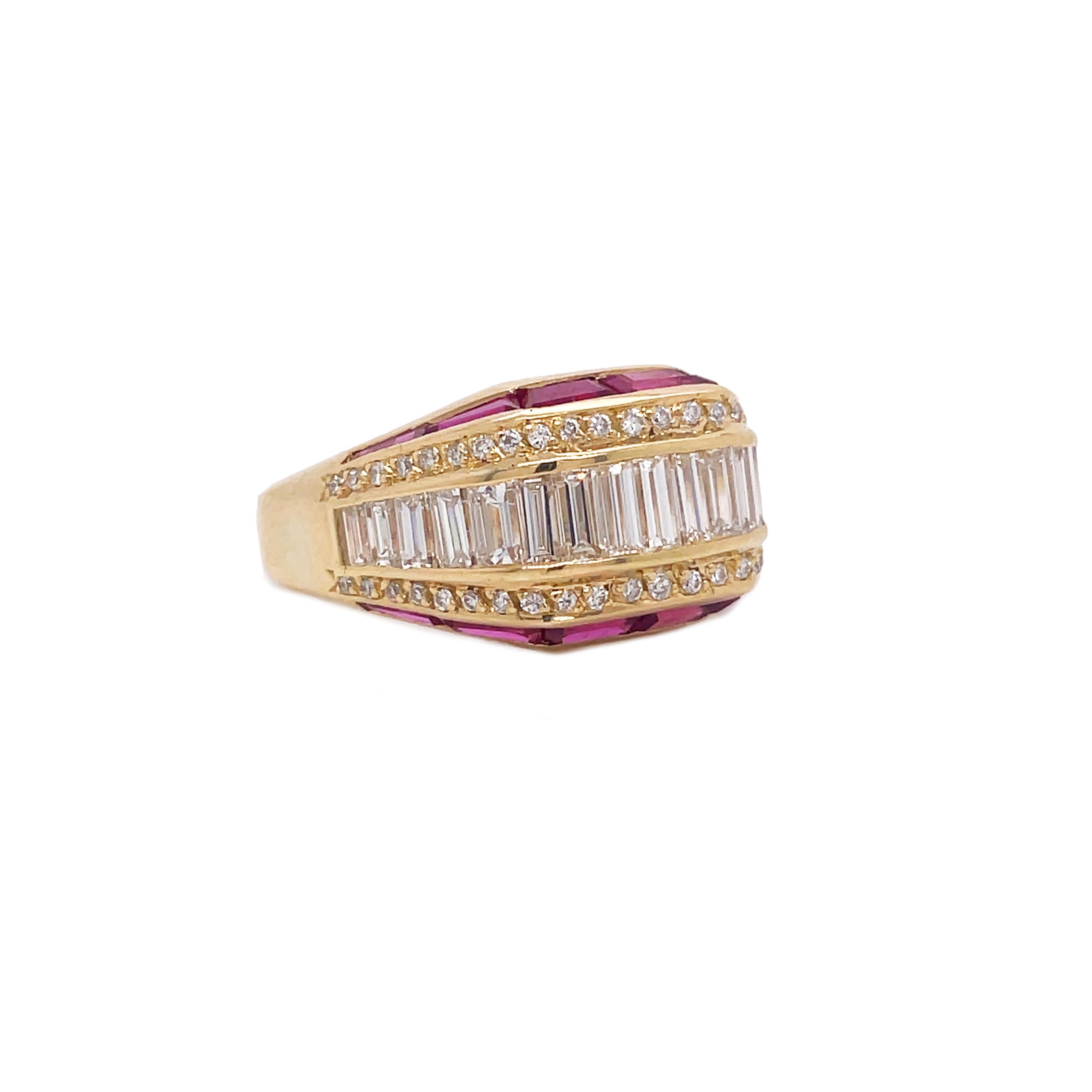 1960s Ruby and Diamond Baguette Yellow Gold Ring In Excellent Condition For Sale In Lexington, KY