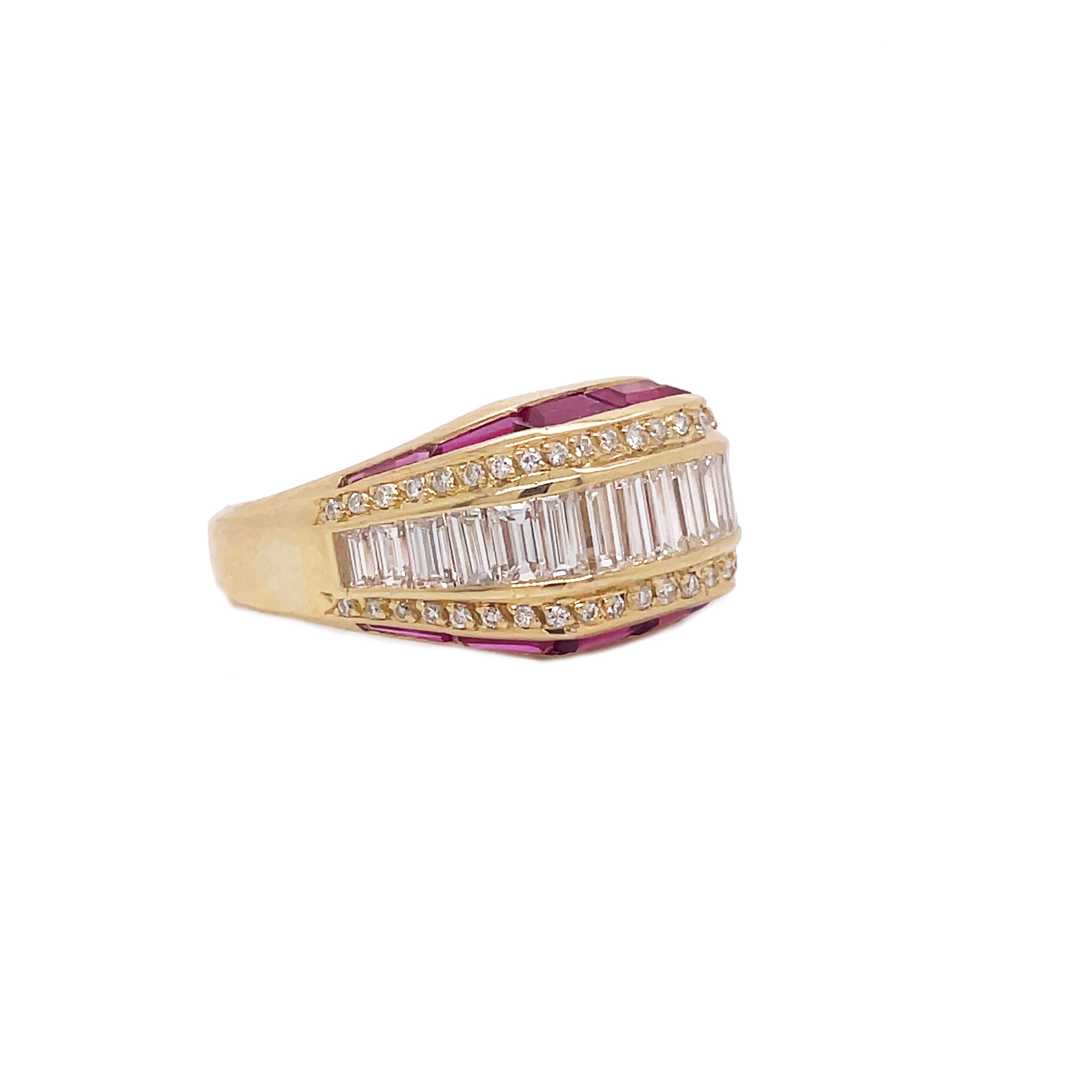 Women's or Men's 1960s Ruby and Diamond Baguette Yellow Gold Ring For Sale