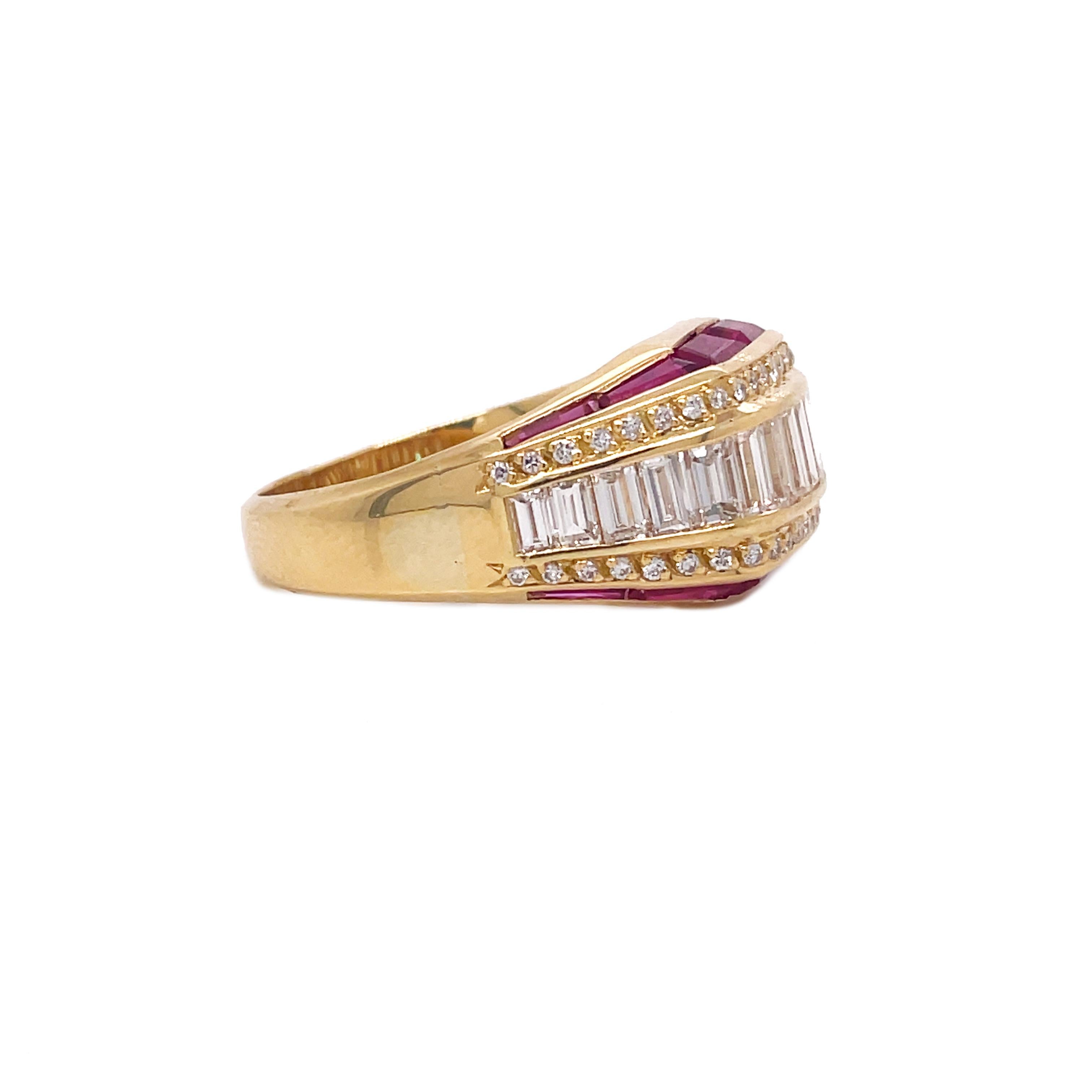 1960s Ruby and Diamond Baguette Yellow Gold Ring For Sale 1
