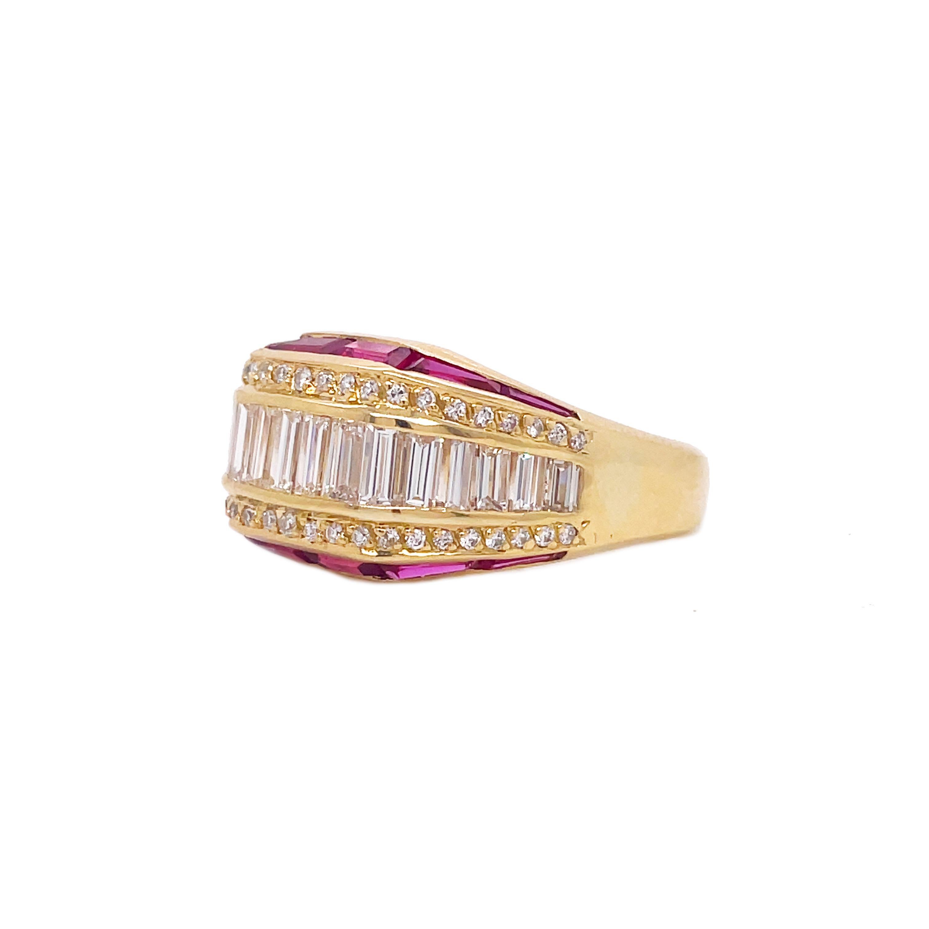1960s Ruby and Diamond Baguette Yellow Gold Ring For Sale 2