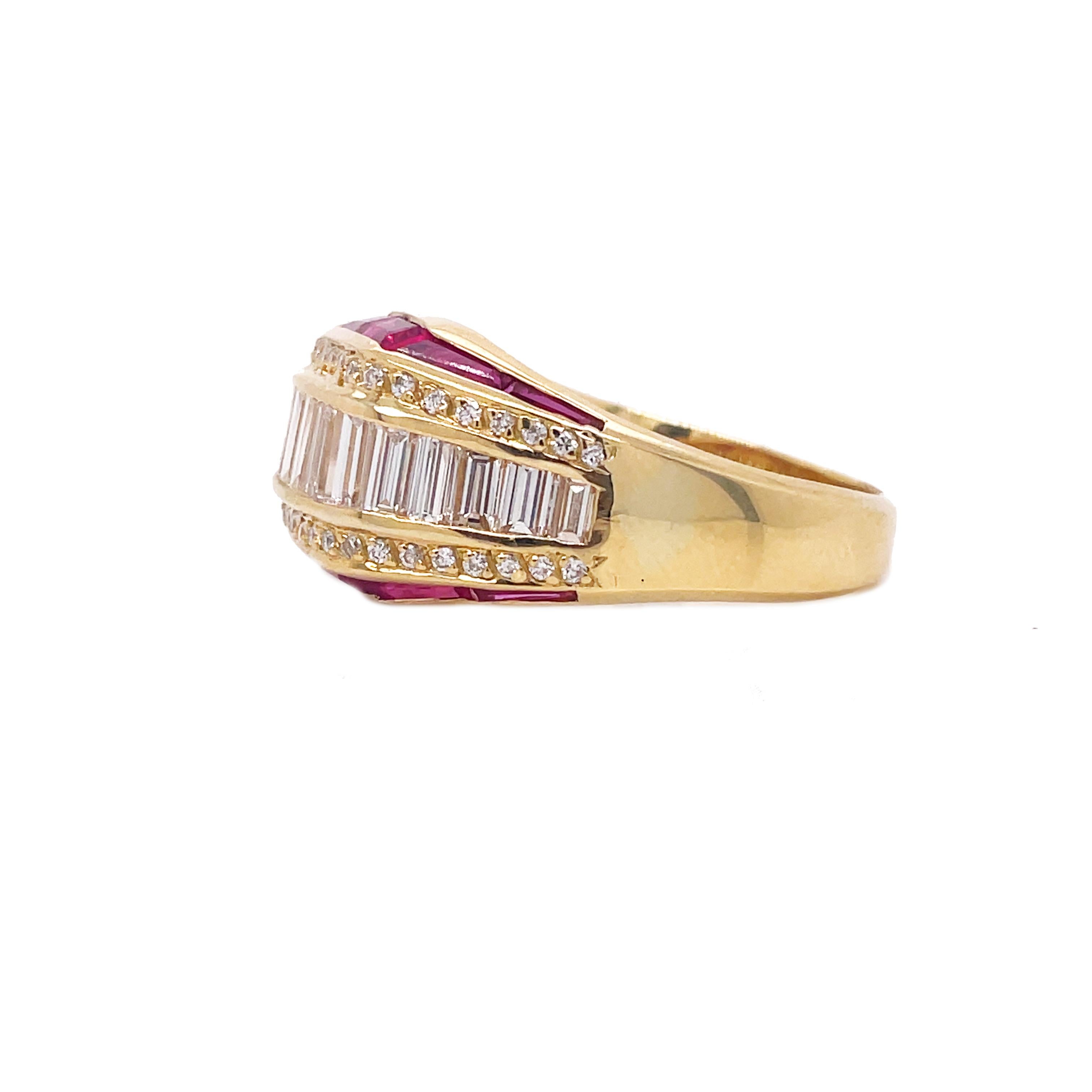 1960s Ruby and Diamond Baguette Yellow Gold Ring For Sale 3