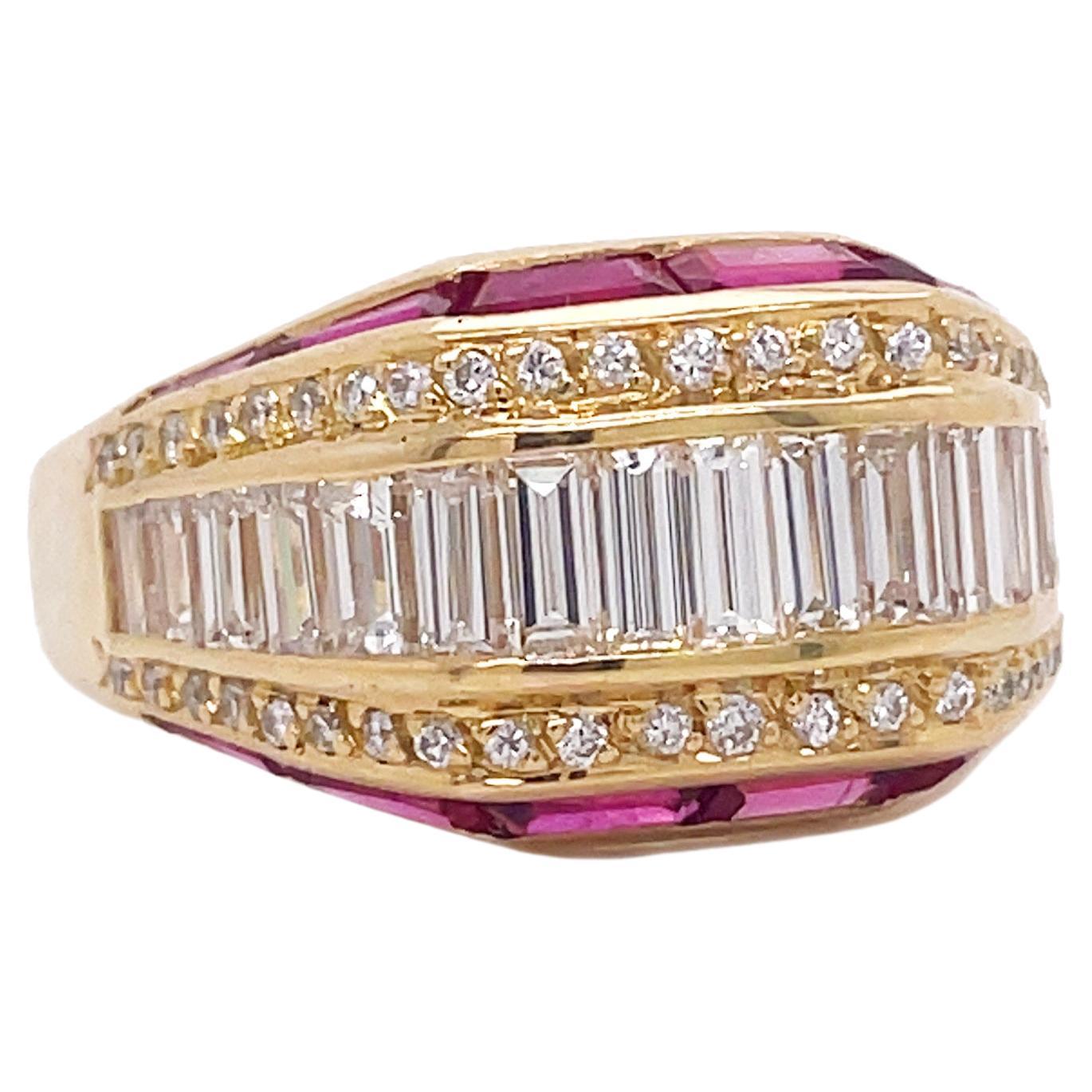 1960s Ruby and Diamond Baguette Yellow Gold Ring For Sale