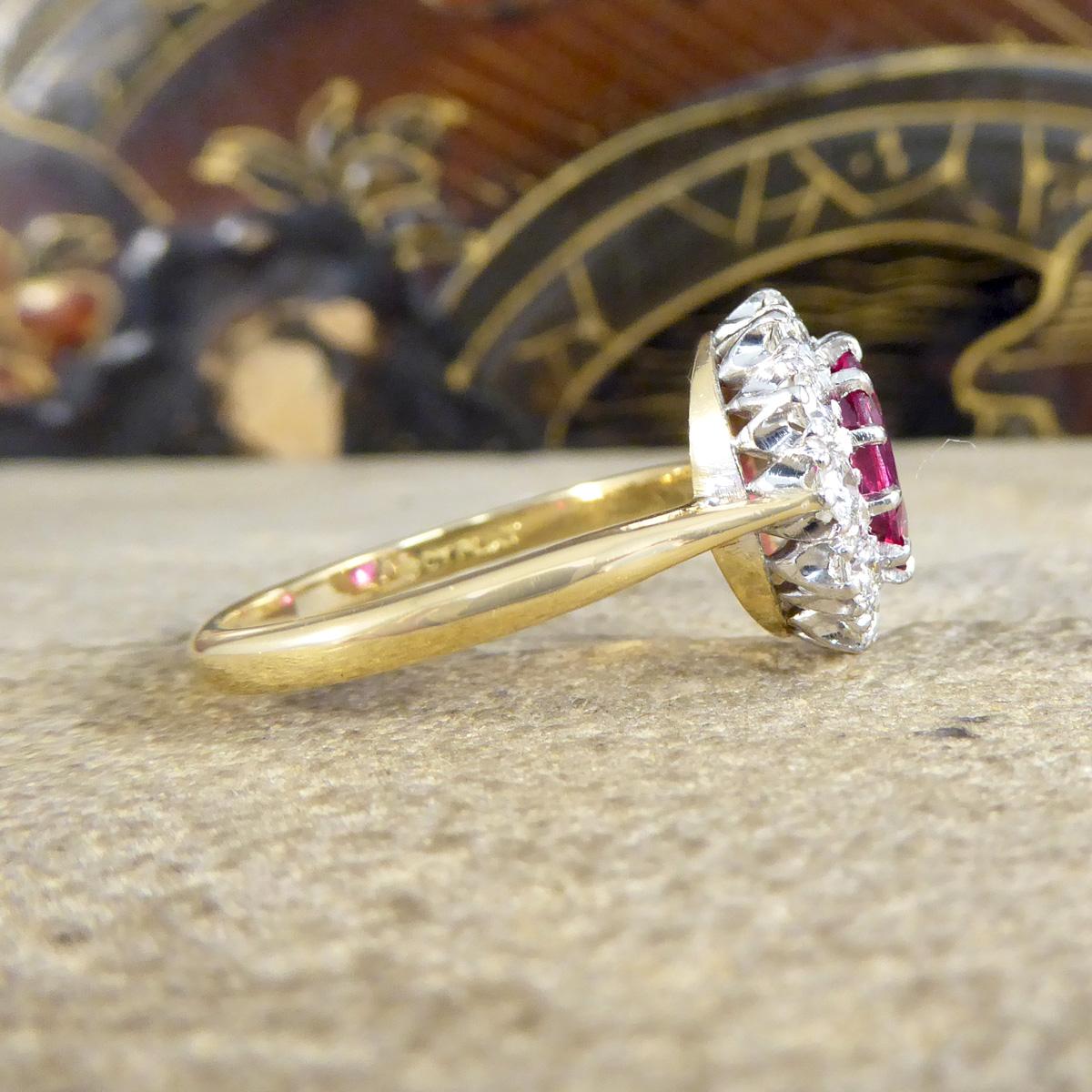Edwardian 1960s Ruby and Diamond Cluster Ring in 18 Carat Yellow and Platinum For Sale