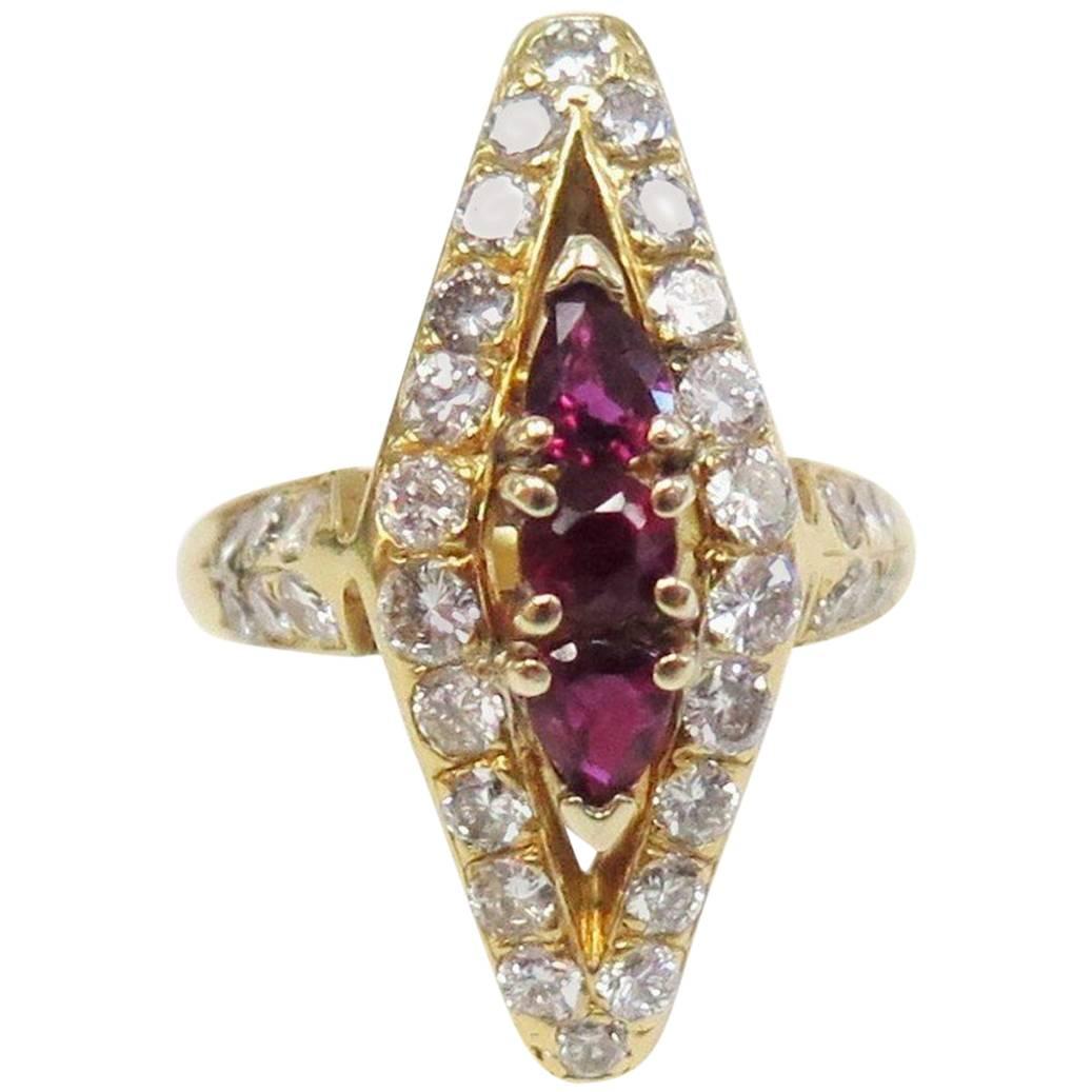 1960s Ruby and Diamond Ring, 1.50 Carat Diamonds, 18 Karat For Sale