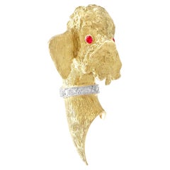Antique 1960s Ruby and Diamond Yellow Gold Poodle Brooch