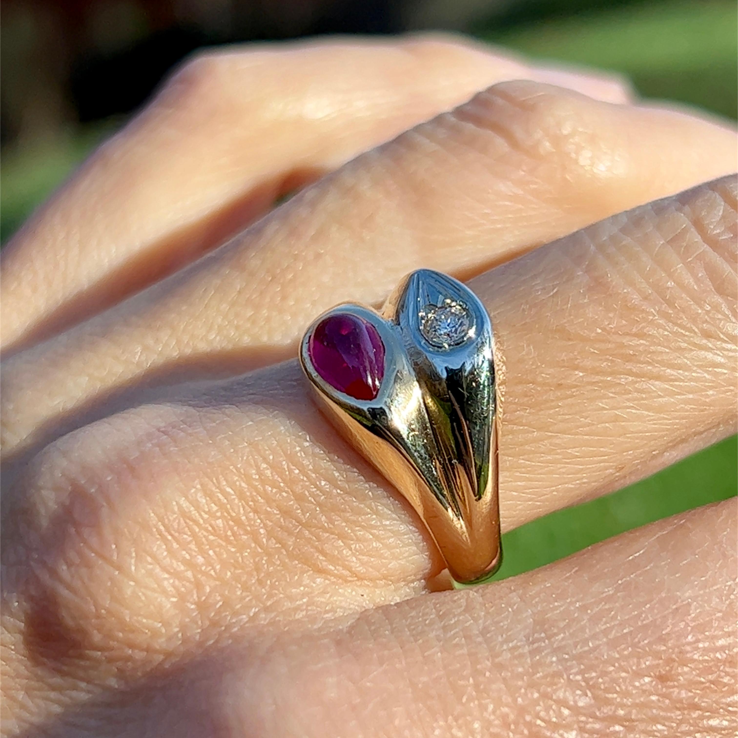 Modern 1960s Ruby and Diamond Yin Yang Design Ring in 14K Gold