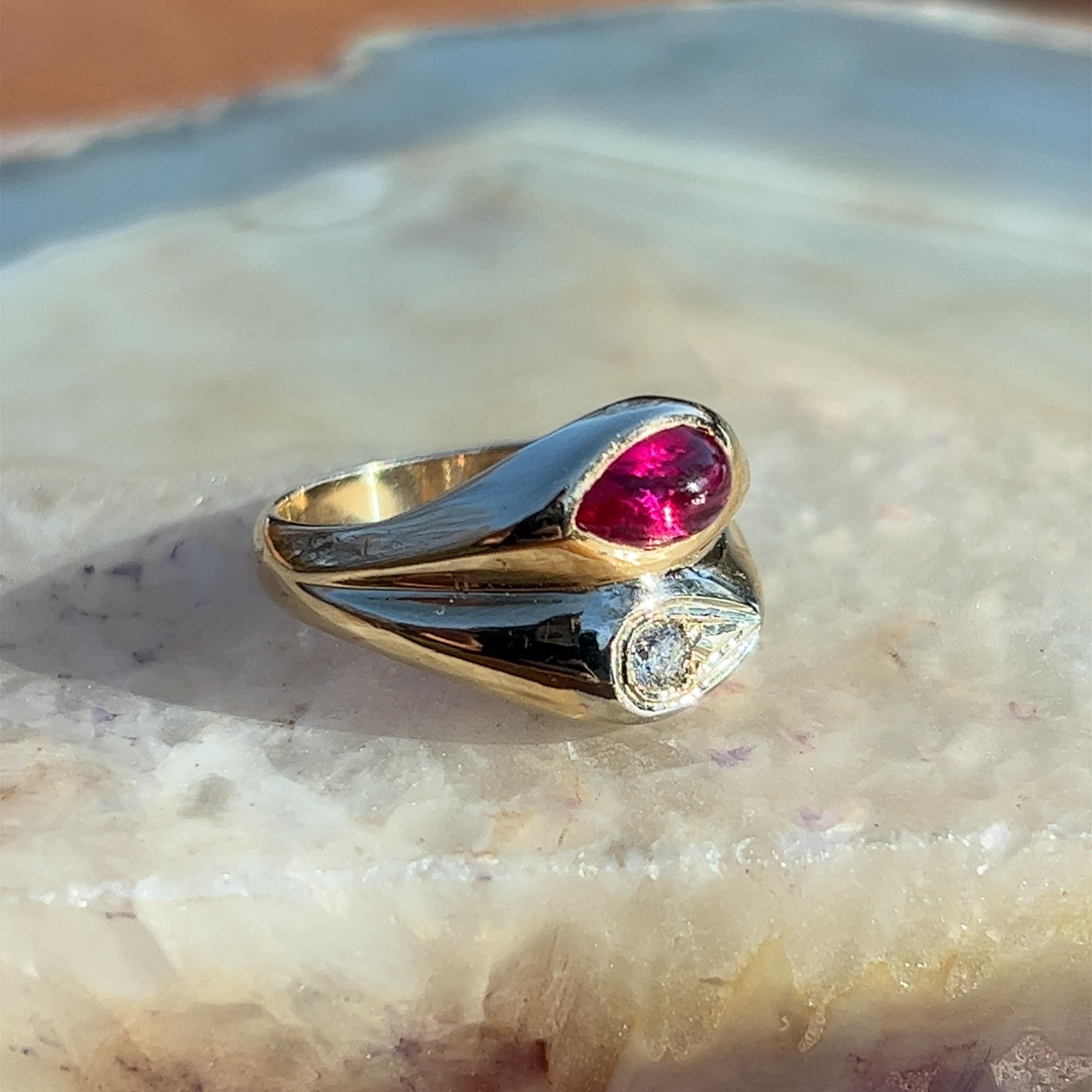Pear Cut 1960s Ruby and Diamond Yin Yang Design Ring in 14K Gold