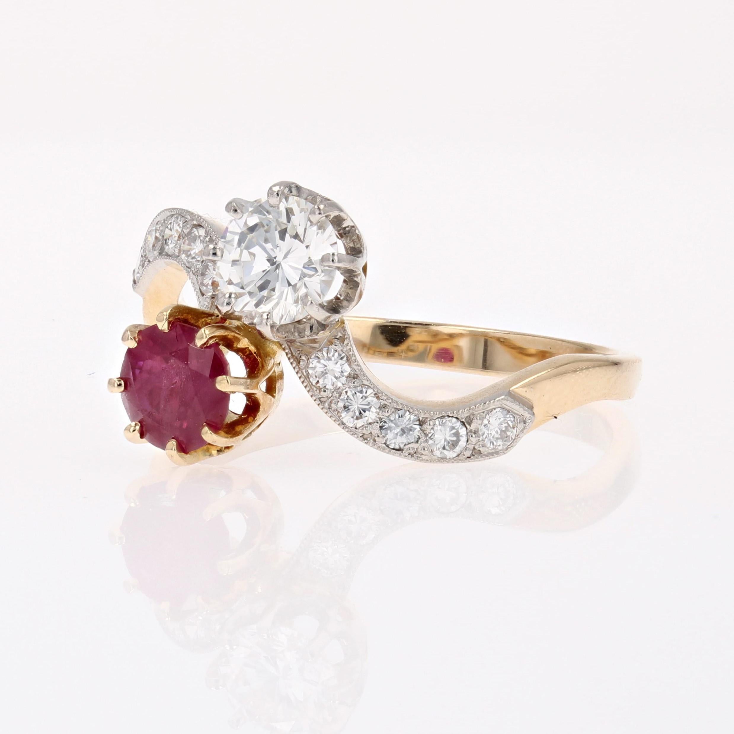 1960s Ruby and Diamonds 18 Karat Yellow Gold You and Me Ring For Sale 4