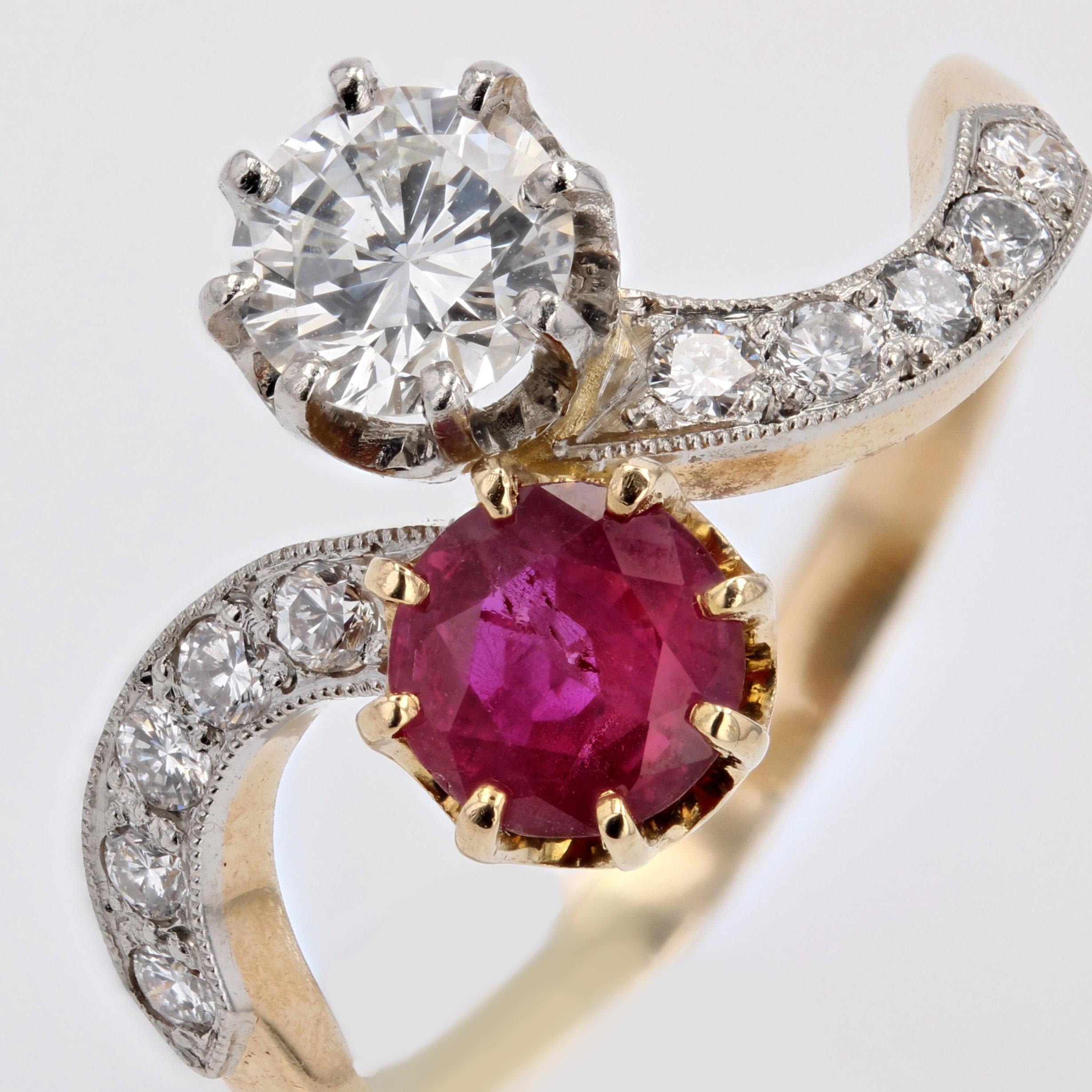 1960s Ruby and Diamonds 18 Karat Yellow Gold You and Me Ring For Sale 5