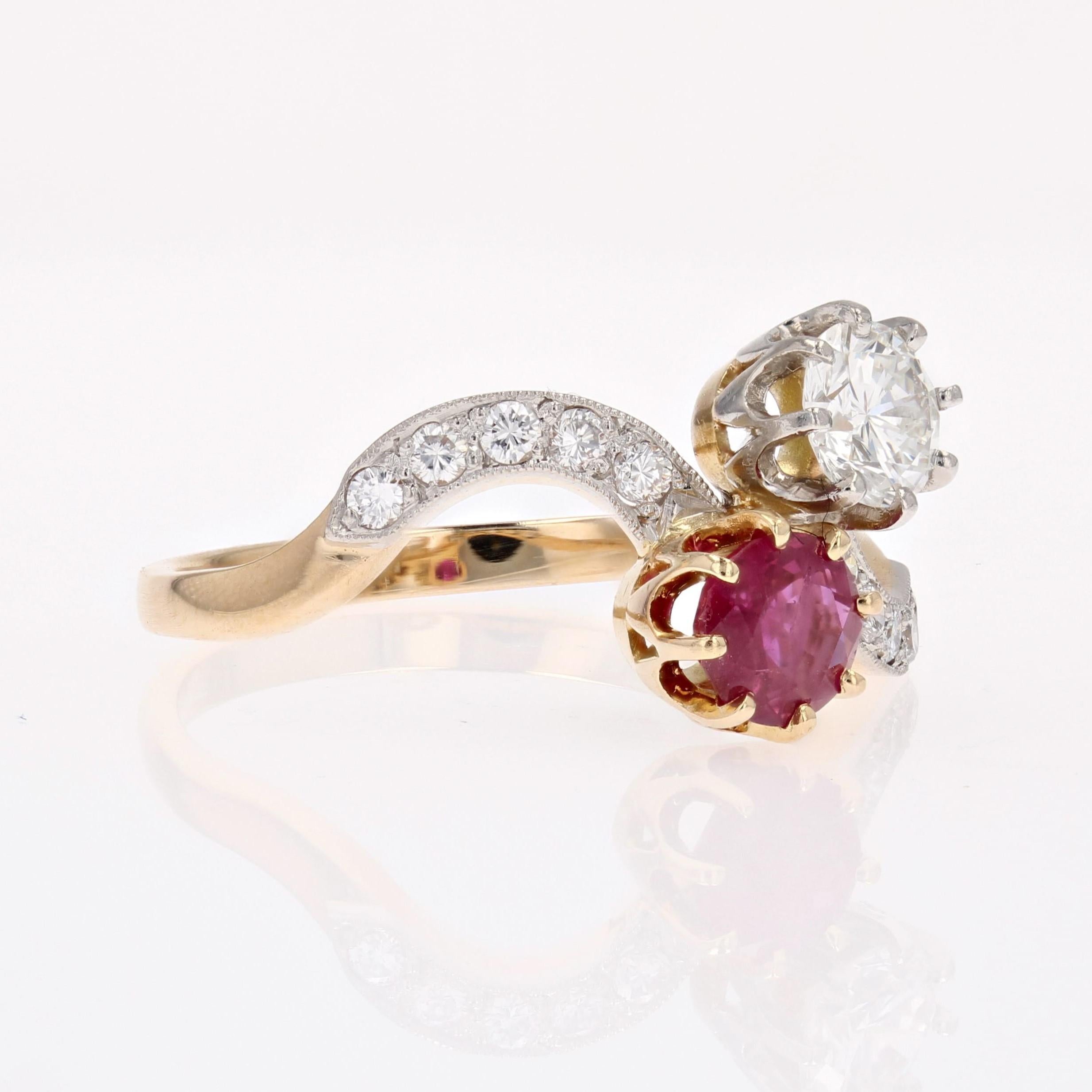 1960s Ruby and Diamonds 18 Karat Yellow Gold You and Me Ring For Sale 6